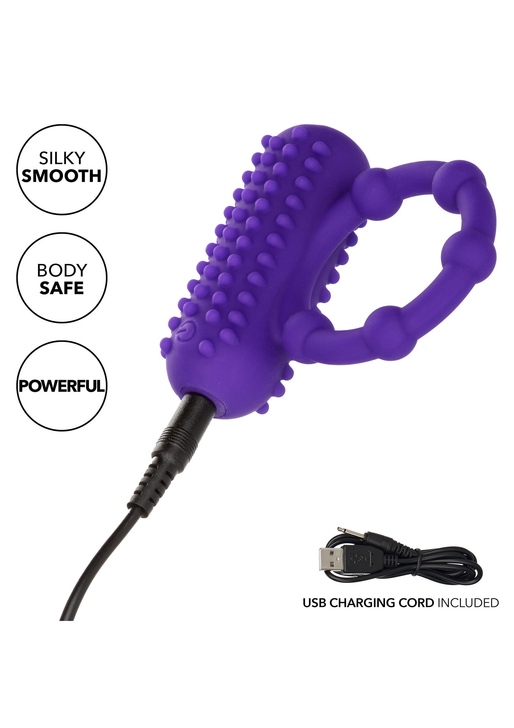 Vibromasseur violet rechargeable USB avec picots pour une stimulation intense et des sensations uniques.; Paarse USB-oplaadbare vibrator met noppen voor intense stimulatie en unieke sensaties.; Purple USB rechargeable vibrator with nubs for intense stimulation and unique sensations. 