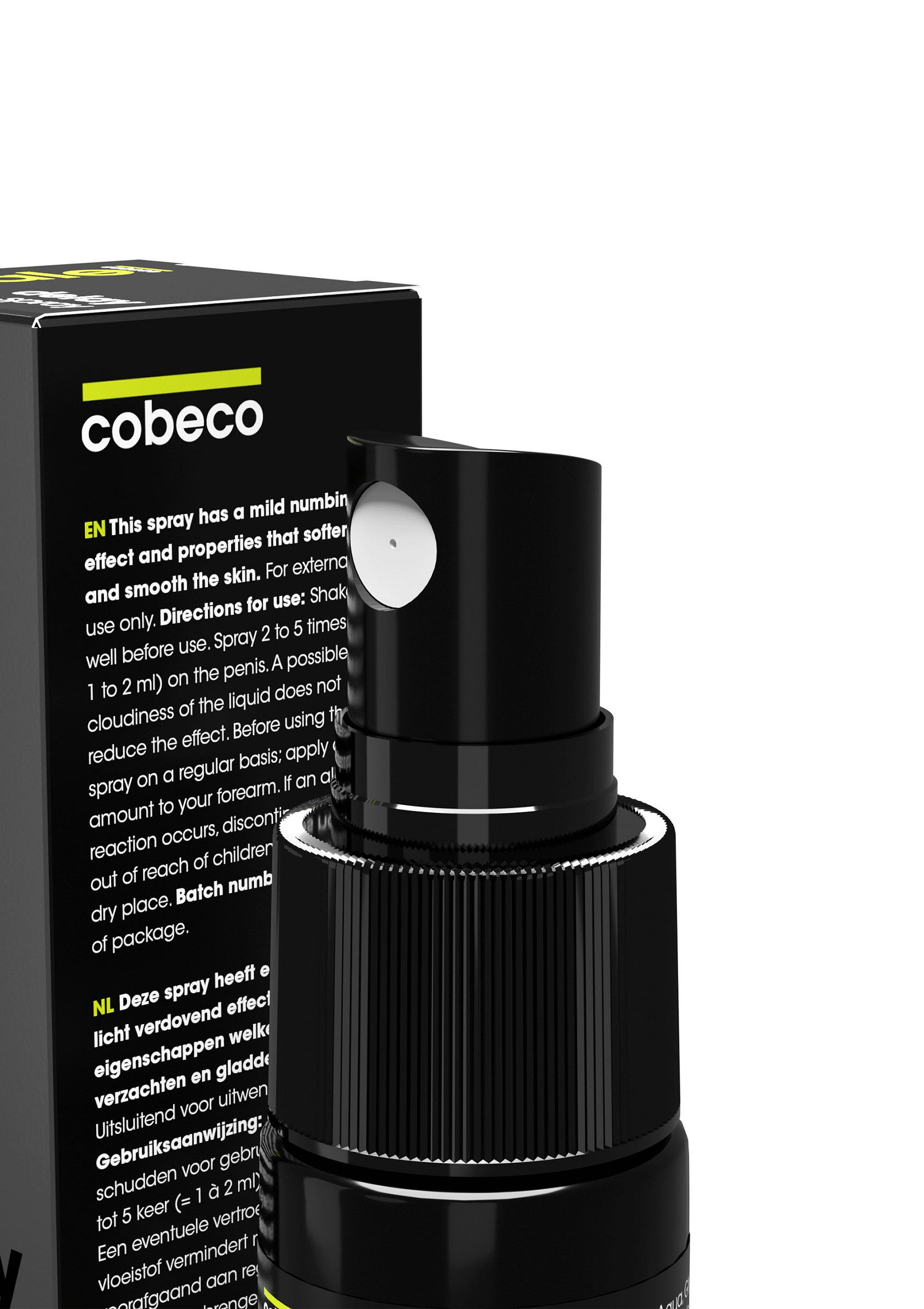 Spray Cobeco désensibilisant pour hommes. Effet doux, application externe.; Cobeco spray met licht verdovend effect. Verzacht en maakt de huid glad. Externe toepassing.; Cobeco desensitizing spray for men. Mild effect, external use only.