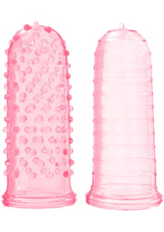 Deux gaines péniennes texturées roses pour plus de plaisir.; Twee roze penishoezen met textuur voor extra plezier.; Two pink textured penis sheaths for extra pleasure.