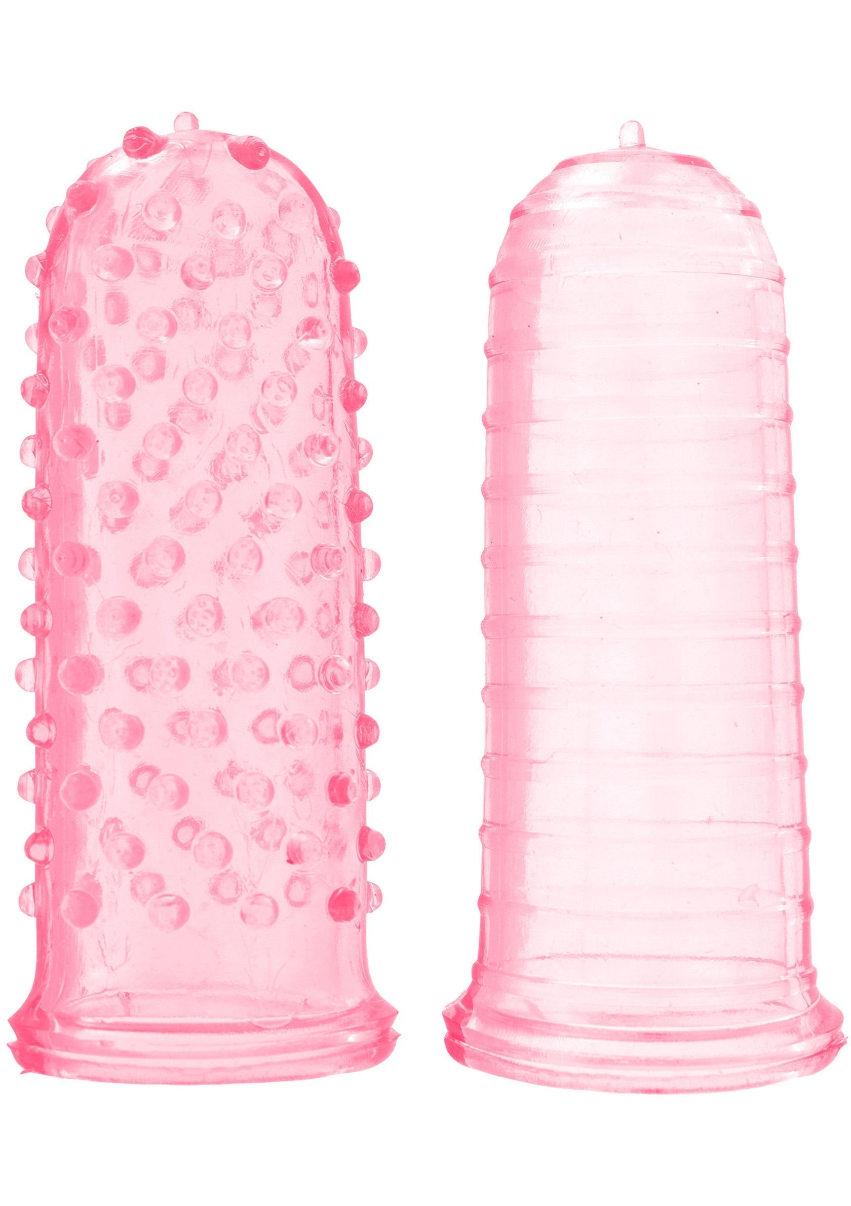 Deux gaines péniennes texturées roses pour plus de plaisir.; Twee roze penishoezen met textuur voor extra plezier.; Two pink textured penis sheaths for extra pleasure.