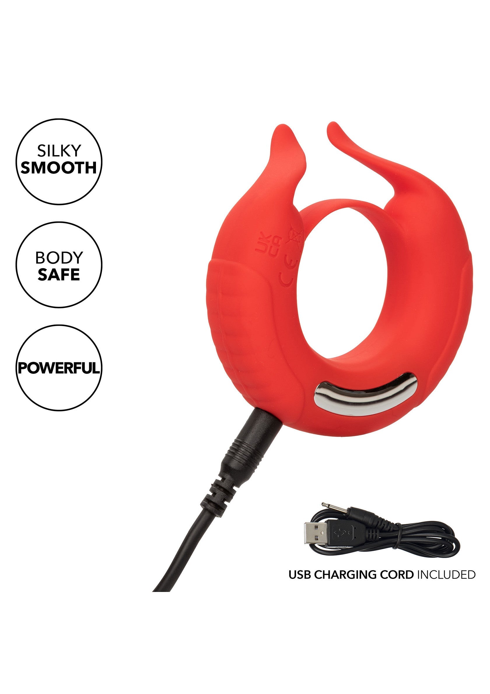 Vibrateur pour couple rouge en silicone avec câble USB inclus. Silencieux et puissant. Textures sensuelles.; Rode siliconen koppel vibrator met inbegrepen USB kabel. Stil en krachtig. Sensuele texturen.; Red silicone couple vibrator with included USB cable. Quiet and powerful. Sensual textures.