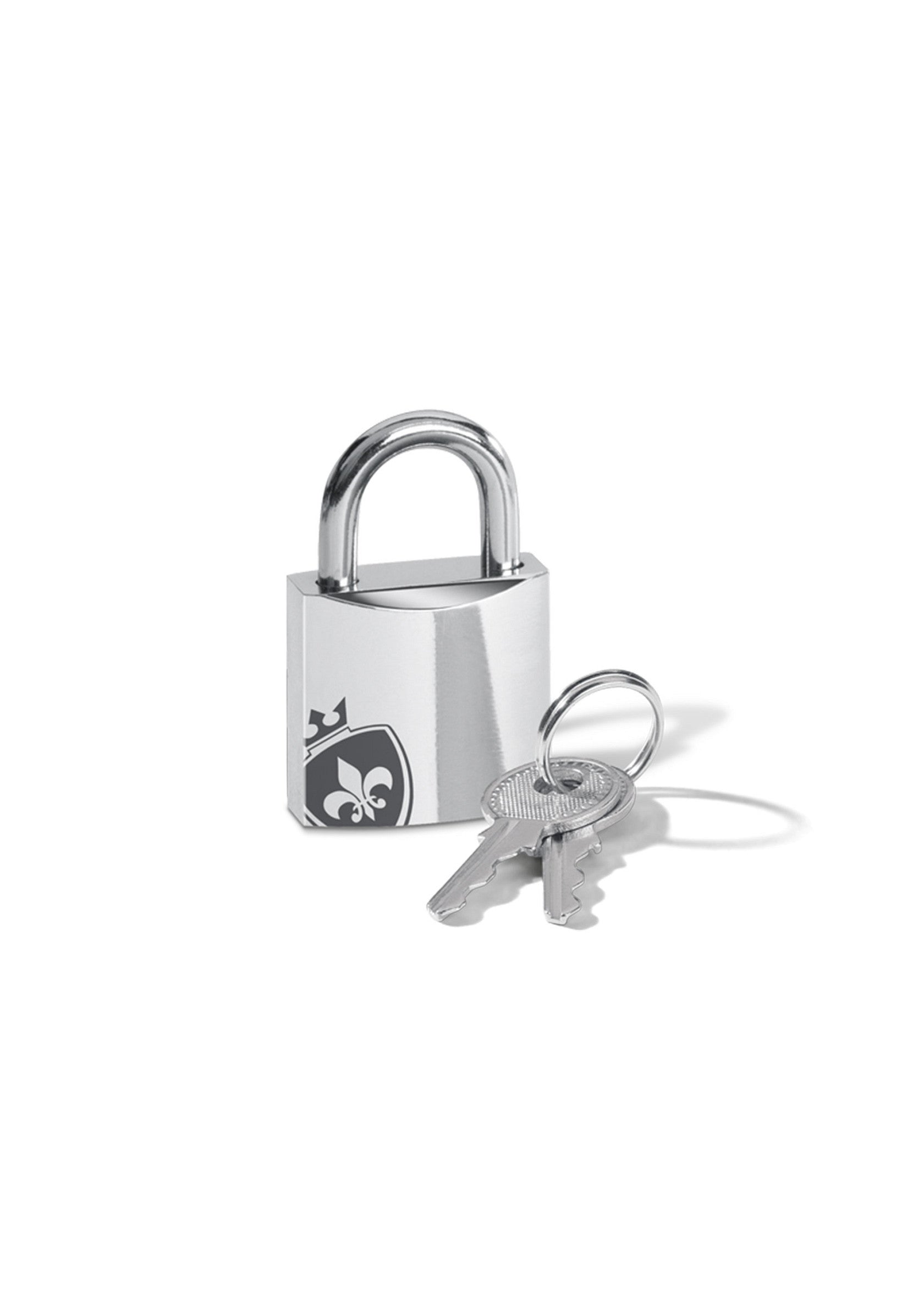 Cadenas argenté avec logo et clés pour sécuriser vos biens. Robuste et fiable pour une protection optimale.; Zilverkleurig hangslot met logo en sleutels om je spullen te beveiligen. Robuust en betrouwbaar voor optimale bescherming.; Silver padlock with logo and keys to secure your belongings. Robust and reliable for optimal protection.