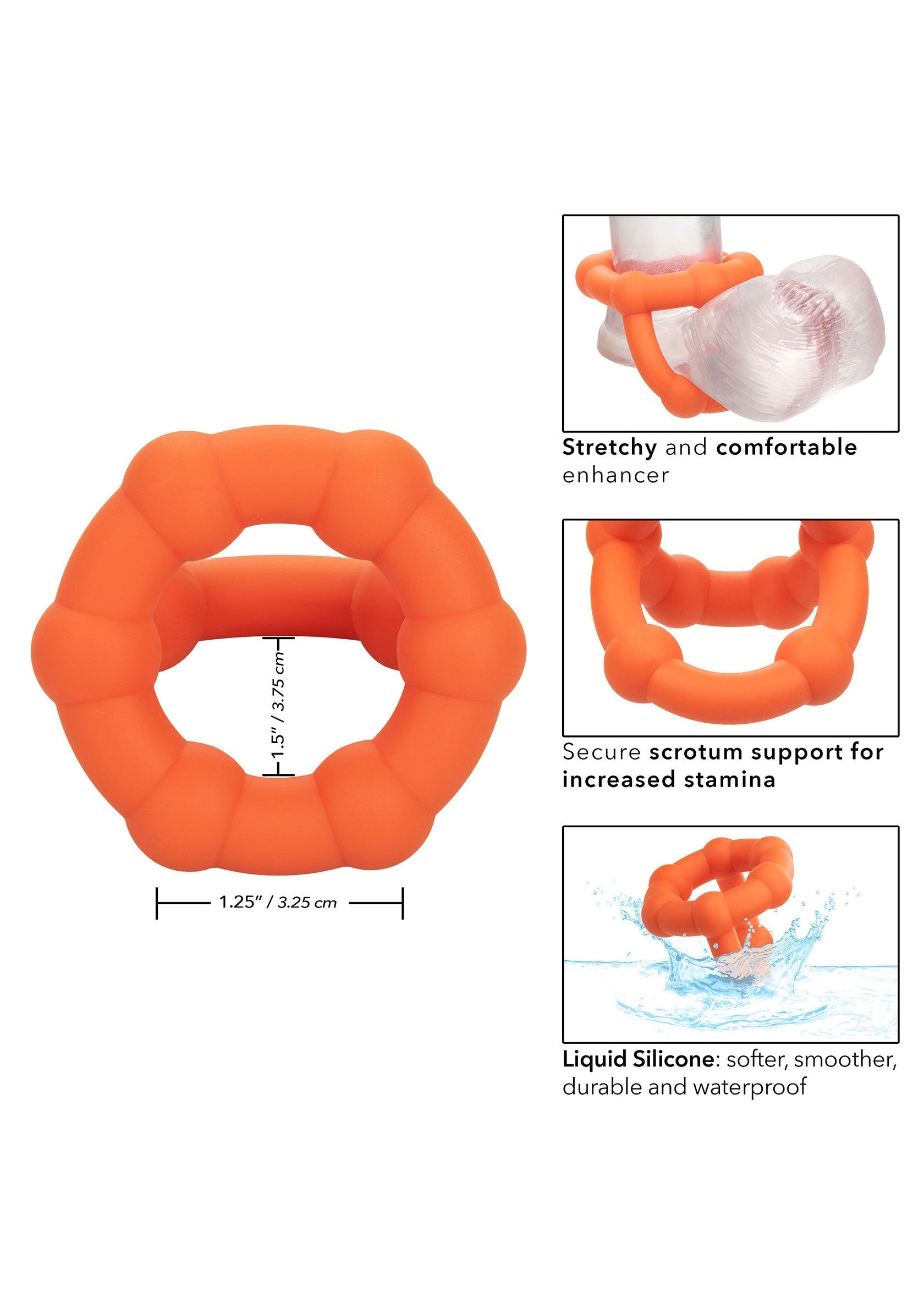 Anneau pénien vibrant orange en silicone liquide. Améliorez votre plaisir et votre endurance !; Oranje vibrerende penisring van vloeibare siliconen. Verbeter uw plezier en uithoudingsvermogen!; Orange vibrating liquid silicone cock ring. Enhance your pleasure and stamina!