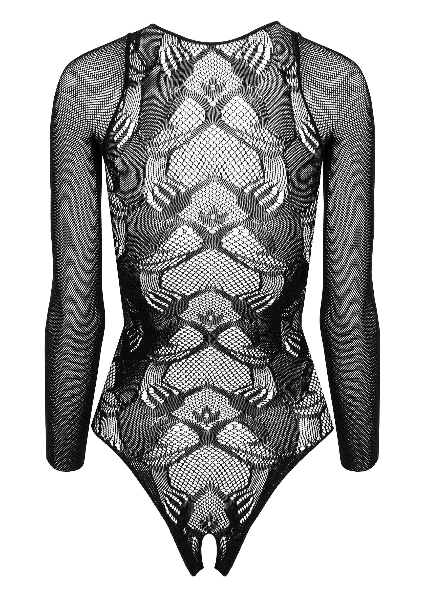 Body noir en résille à manches longues et motif complexe. Lingerie séduisante et élégante.; Zwarte body met lange mouwen en ingewikkeld patroon. Verleidelijke en elegante lingerie.; Black fishnet bodysuit with long sleeves and intricate pattern. Seductive and elegant lingerie.
