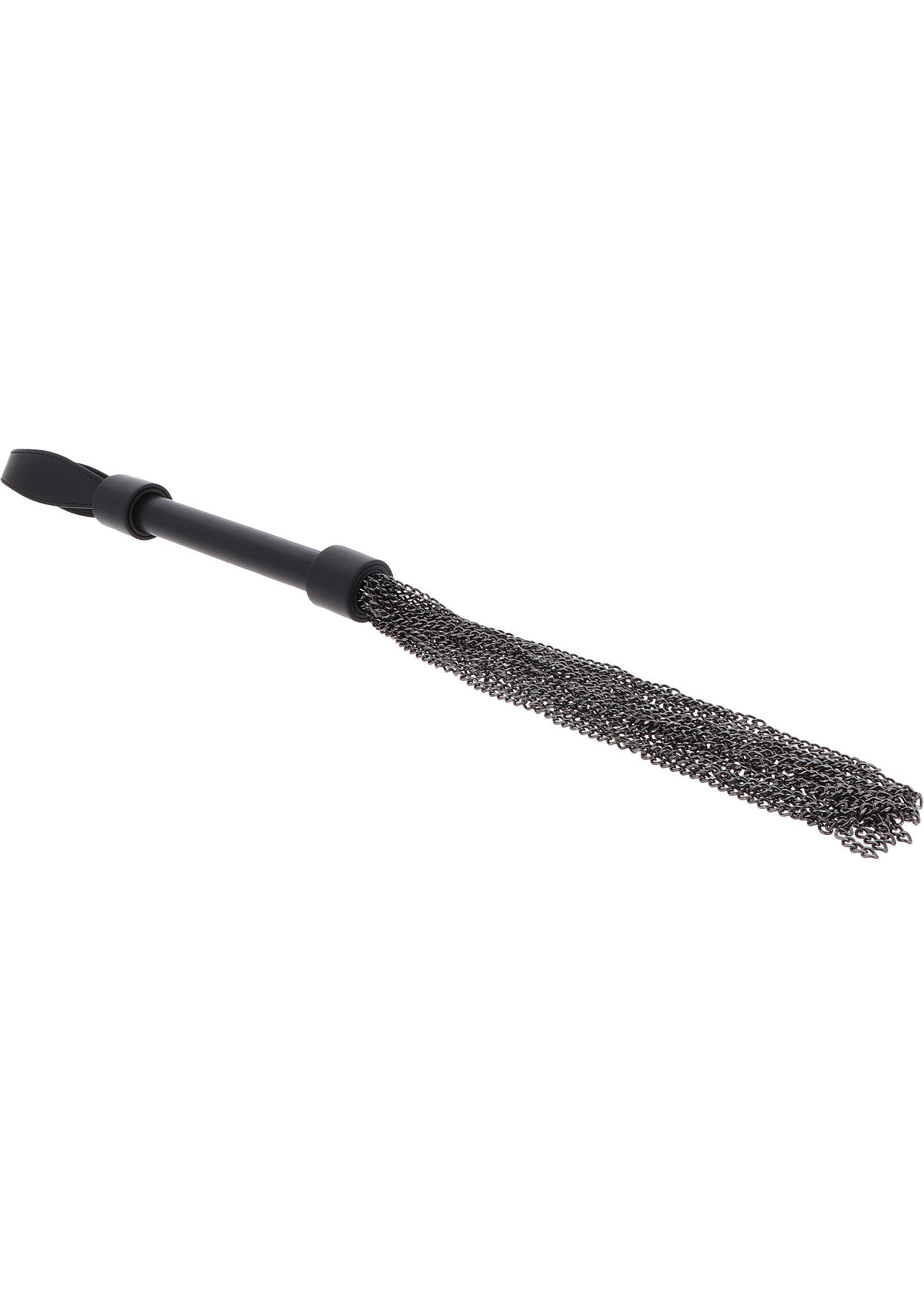 Cravache à chaînes en métal noir. Accessoire de plaisir pour adultes.; Zwarte metalen kettingzweep. Volwassen plezier accessoire.; Black metal chain flogger. Adult pleasure accessory.