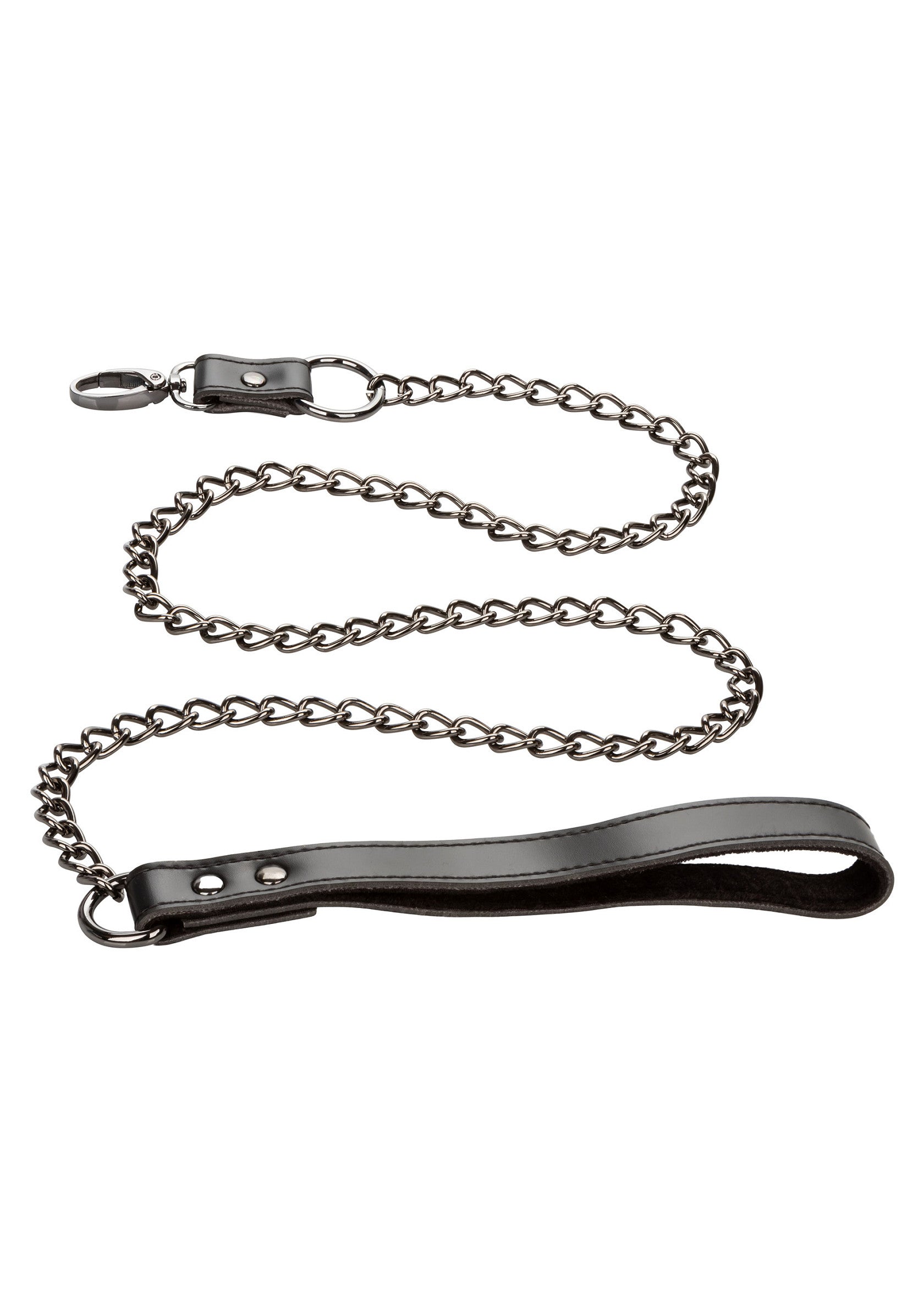 Laisse en chaîne noire robuste avec poignée en cuir. Accessoire polyvalent et élégant.; Stevige zwarte kettingriem met lederen handvat. Veelzijdig en stijlvol accessoire.; Heavy duty black chain leash with leather handle. Versatile and stylish accessory.