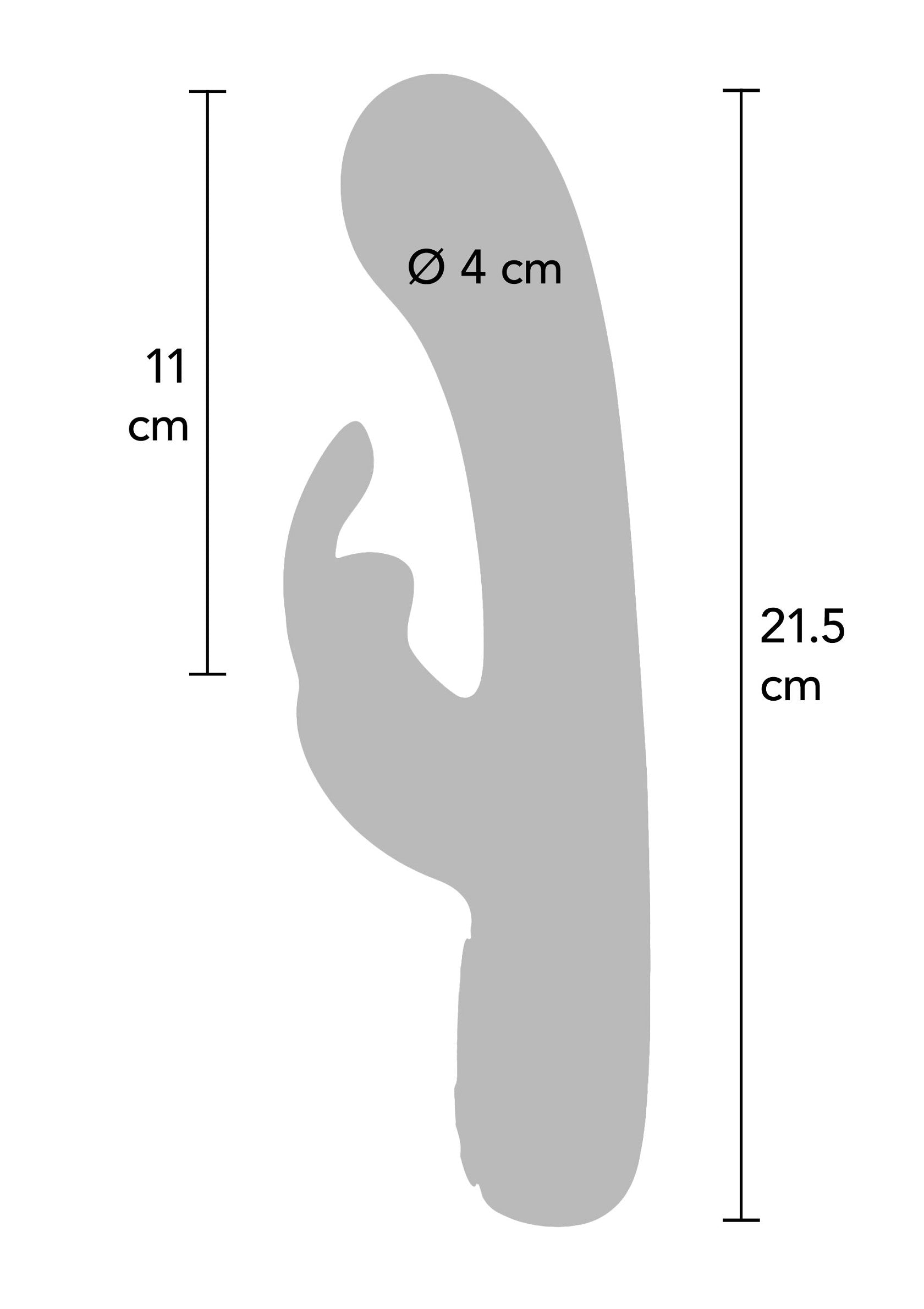 Vibromasseur Rabbit aux dimensions détaillées : 21,5 cm de long et 4 cm de diamètre. Stimulez vos points sensibles !; Rabbit vibrator met gedetailleerde afmetingen: 21,5 cm lang en 4 cm diameter. Stimuleer je gevoelige punten!; Rabbit vibrator with detailed dimensions: 21.5 cm long and 4 cm diameter. Stimulate your sensitive points!