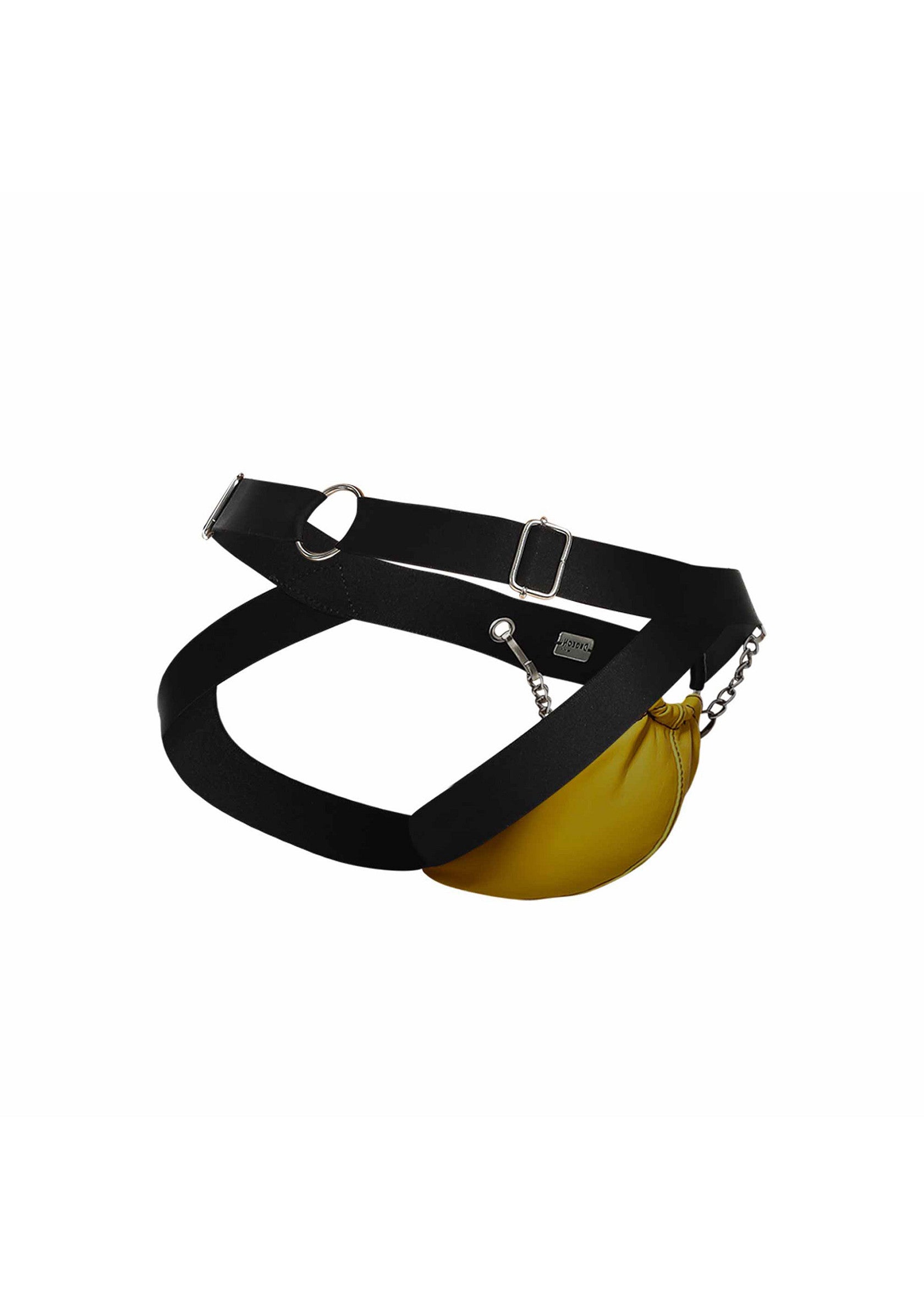 Jockstrap noir et jaune avec chaîne pour hommes. Sous-vêtement tendance et confortable.; Zwarte en gele jockstrap met ketting voor heren. Trendy en comfortabel ondergoed.; Black and yellow men's jockstrap with chain. Trendy and comfortable underwear.