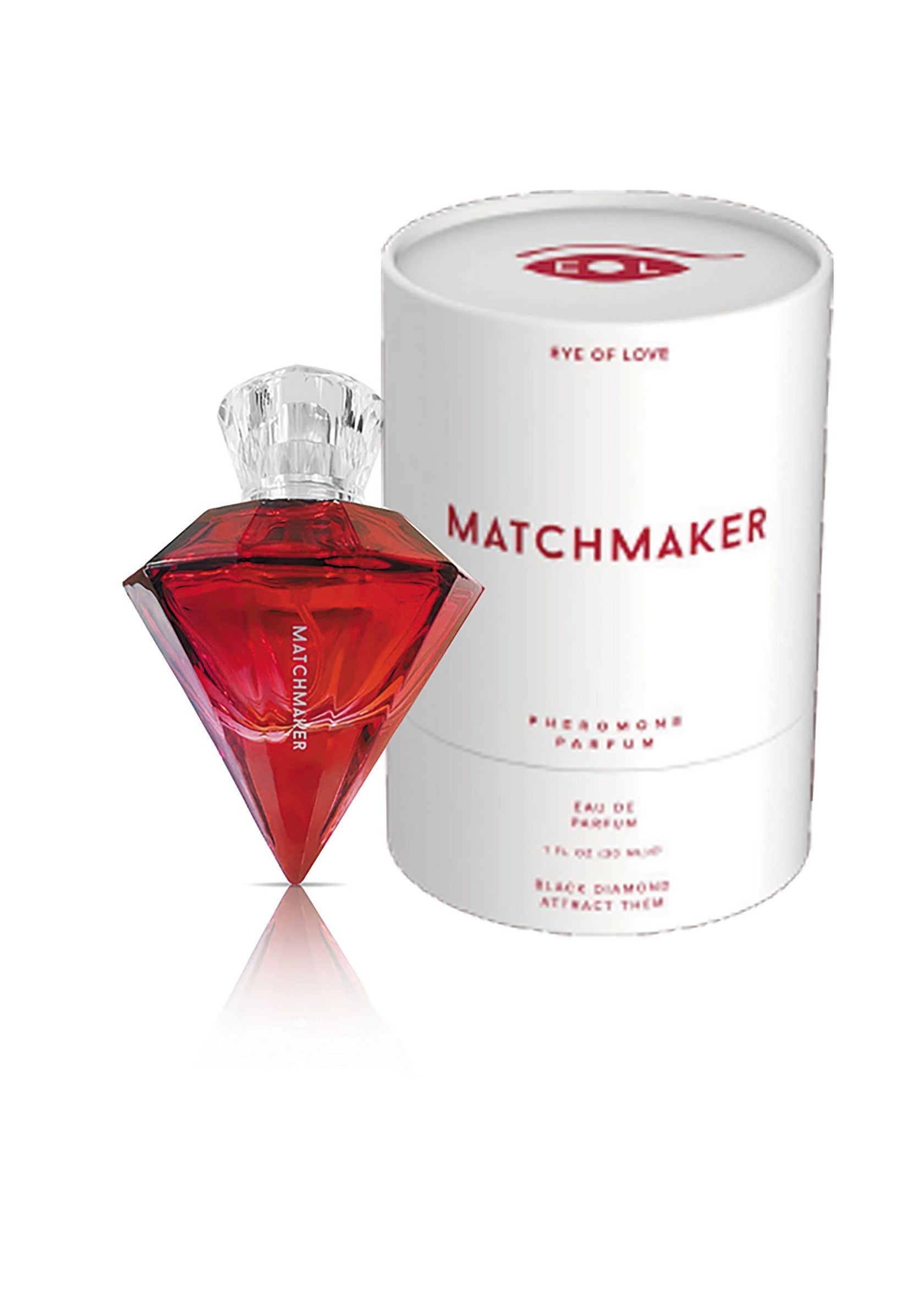 Parfum phéromones Matchmaker Eye of Love. Flacon rouge élégant et boîtier blanc. Attirez l'attention!; Matchmaker Eye of Love feromoonparfum. Elegante rode fles en witte verpakking. Trek de aandacht!; Matchmaker Eye of Love pheromone perfume. Elegant red bottle and white packaging. Attract attention!