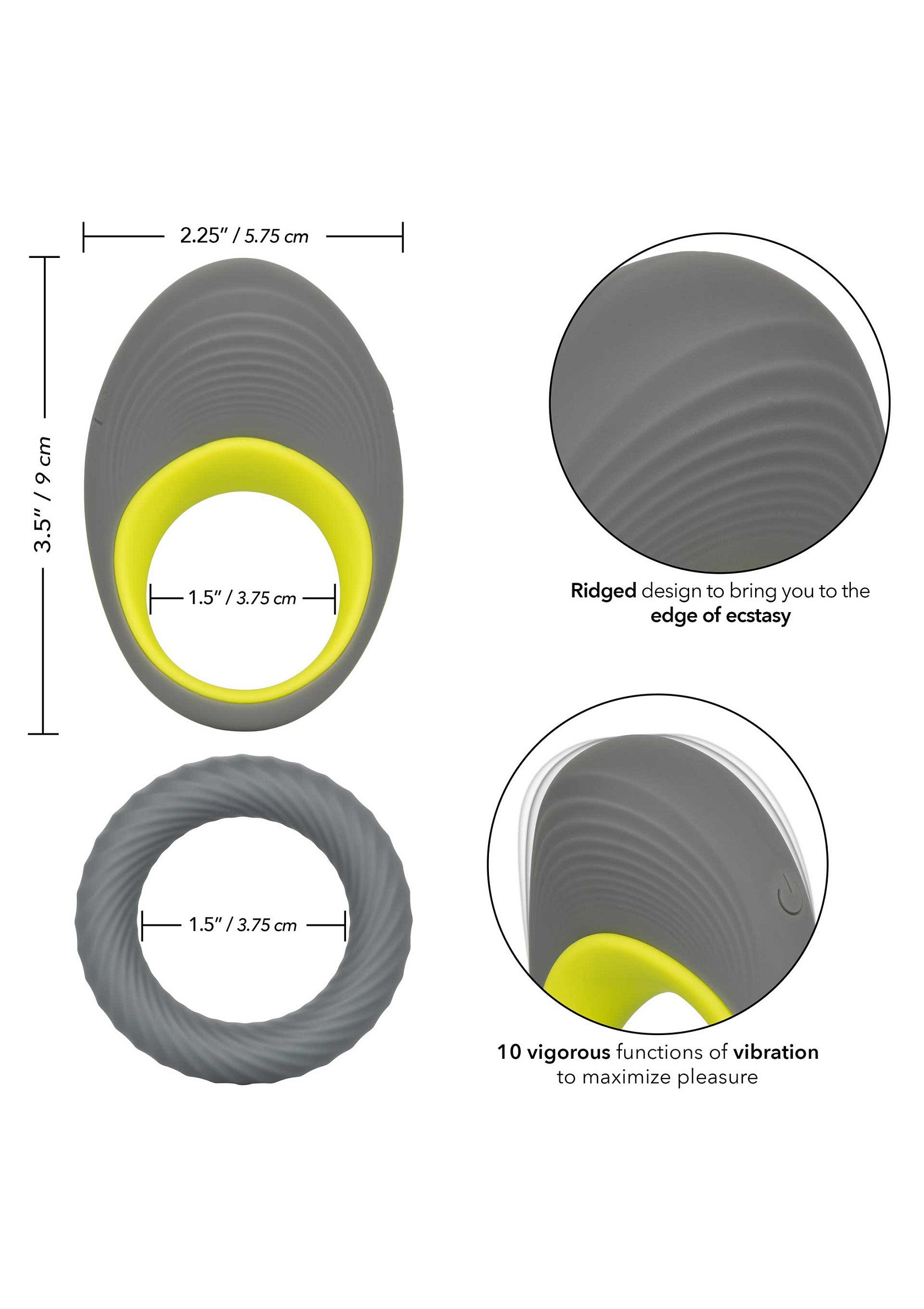 Anneau vibrant gris et jaune, pour plus de plaisir. Design texturé pour l'extase, 10 fonctions de vibration.; Grijze en gele vibrerende ring voor meer plezier. Gestructureerd ontwerp voor extase, 10 vibratiefuncties.; Gray and yellow vibrating ring for more pleasure. Textured design for ecstasy, 10 vibration functions.