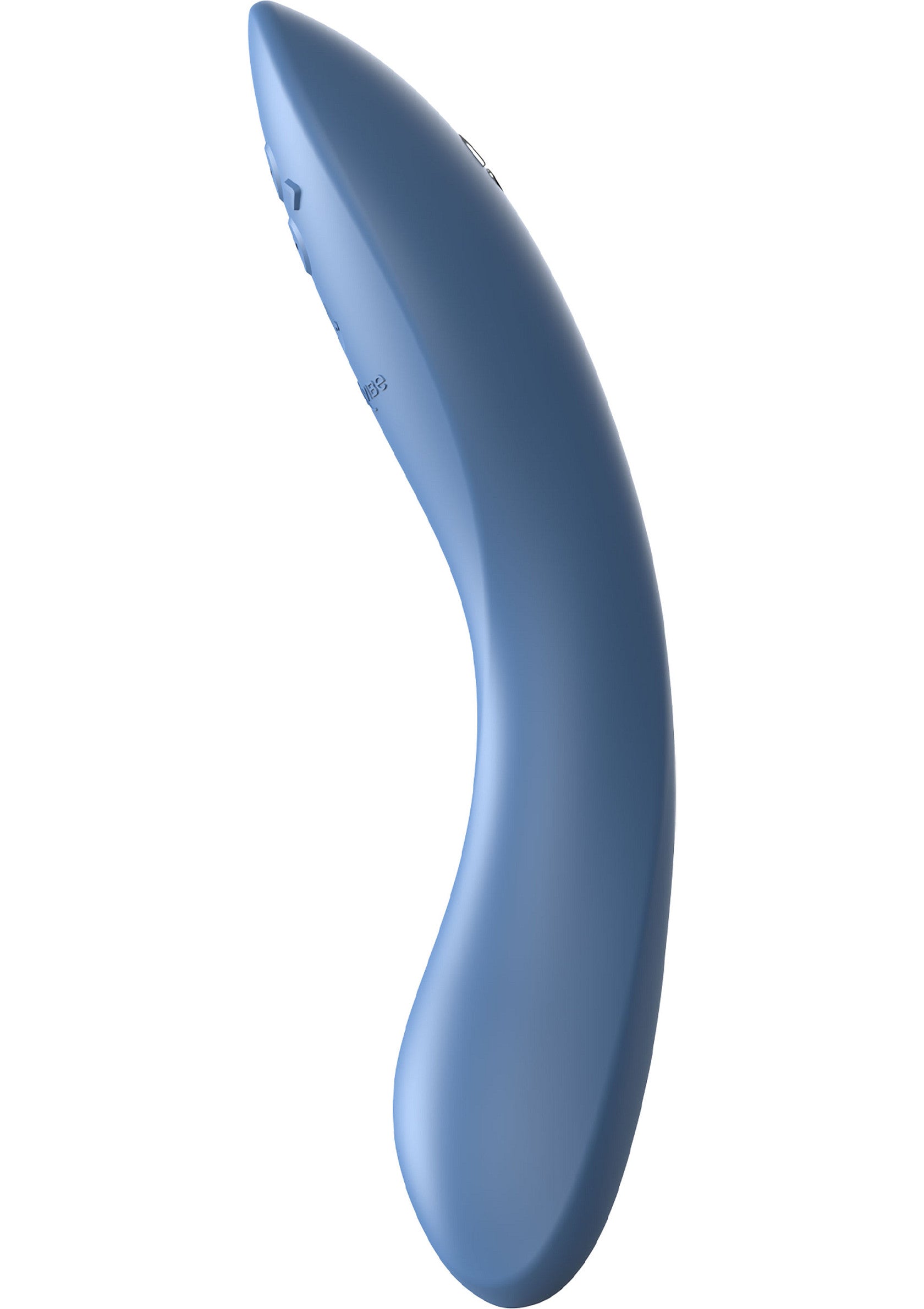 Vibromasseur incurvé bleu pour le plaisir personnel.; Blauwe gebogen vibrator voor persoonlijk genot.; Blue curved vibrator for personal pleasure.