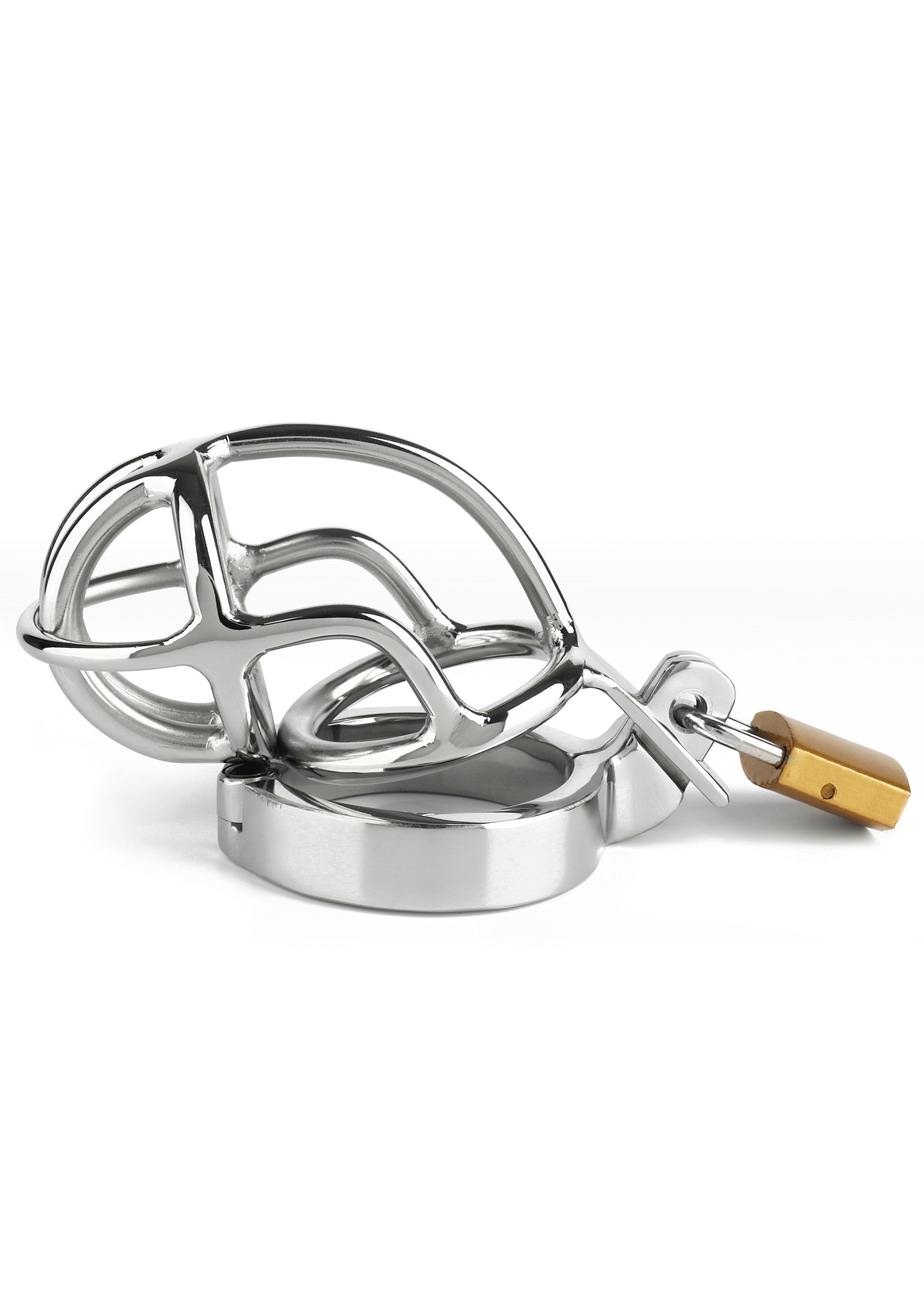 Ceinture de chasteté masculine en acier inoxydable avec cadenas pour le contrôle et la soumission.; Roestvrijstalen kuisheidsgordel voor mannen met slot voor controle en onderwerping.; Stainless steel male chastity device with lock for control and submission.