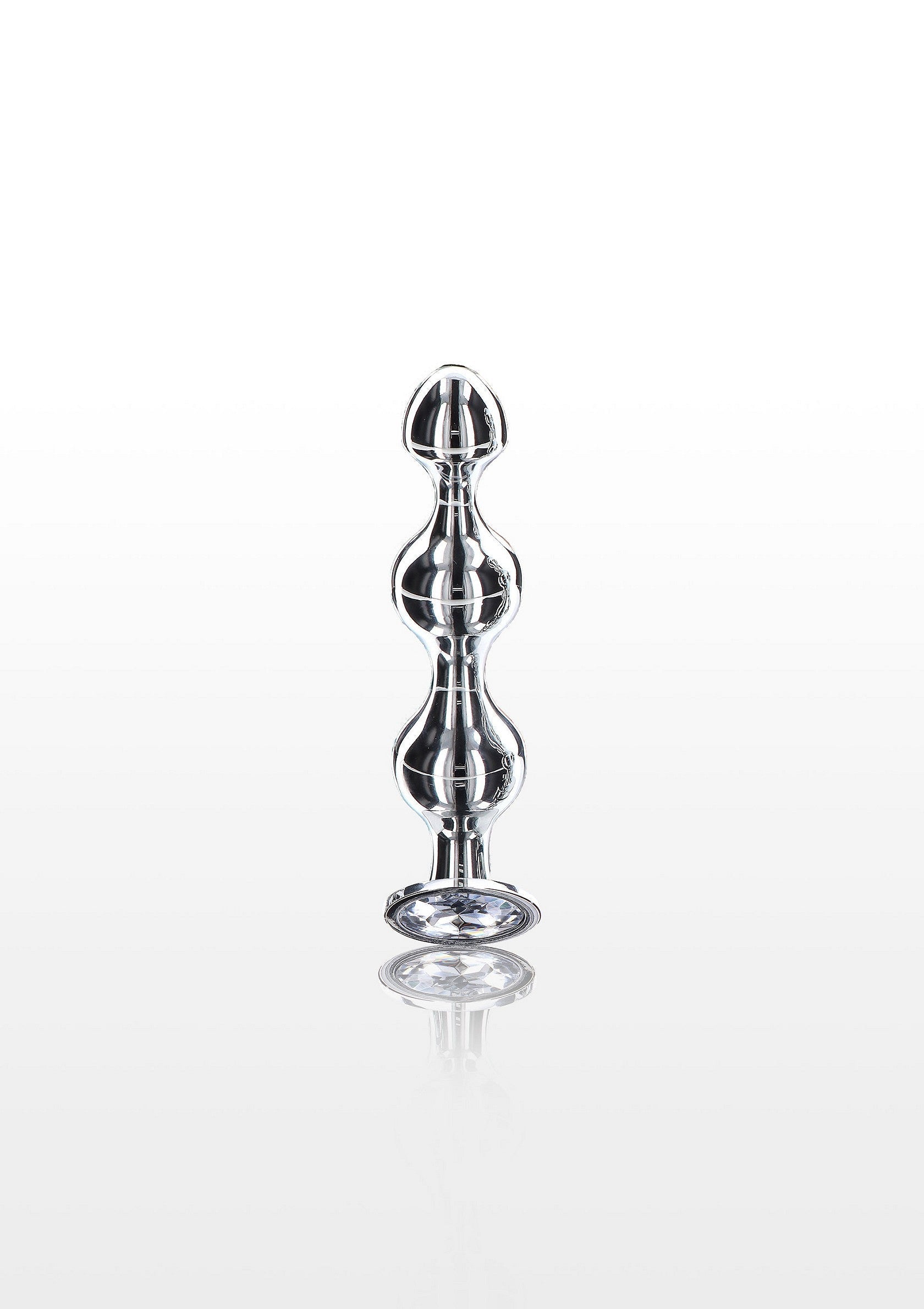 Plug anal en métal brillant à trois billes pour un plaisir intense.; Glinsterende metalen anale plug met drie ballen voor intense stimulatie.; Shiny metal anal plug with three beads for intense stimulation.