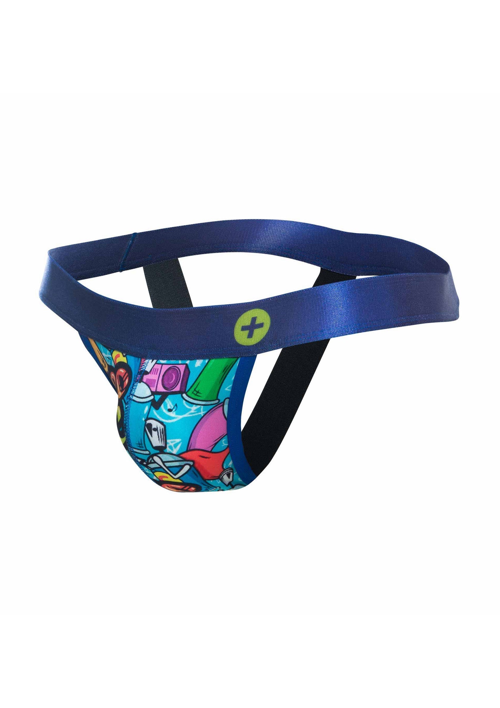 Jockstrap pour homme avec un motif graffiti bleu et une ceinture bleue, confortable et stylé.; Heren jockstrap met een blauw graffiti patroon en blauwe band, comfortabel en stijlvol.; Men's jockstrap with a blue graffiti pattern and blue waistband, comfortable and stylish.