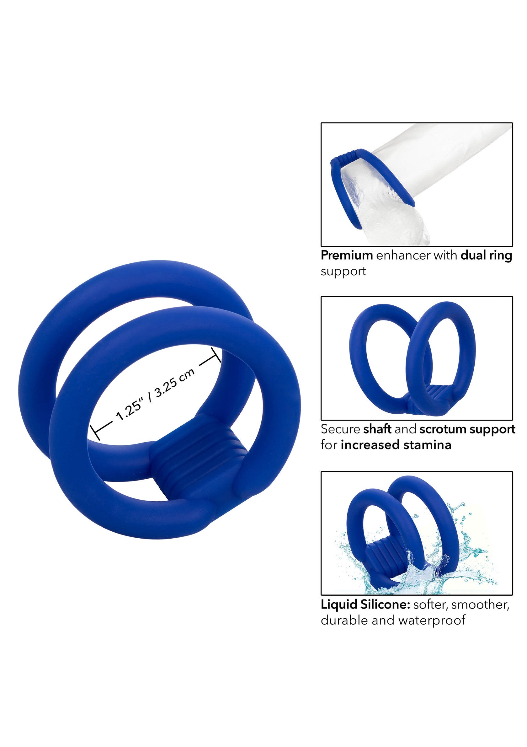 Anneau pénien double en silicone liquide bleu. Améliore la performance et l'endurance masculine.; Blauwe vloeibare siliconen dubbele penisring. Verbetert de prestaties en het uithoudingsvermogen van mannen.; Blue liquid silicone double cock ring. Enhances male performance and stamina. 