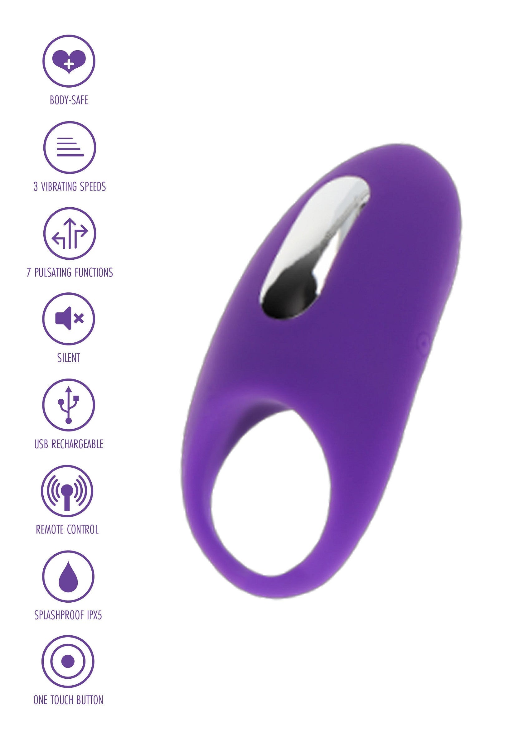 Anneau vibrant violet rechargeable USB, télécommandé, étanche. 3 vitesses, 7 modes.; Paarse vibrerende ring, USB oplaadbaar, afstandsbediening, waterdicht. 3 snelheden, 7 standen.; Purple vibrating ring, USB rechargeable, remote control, waterproof. 3 speeds, 7 modes.