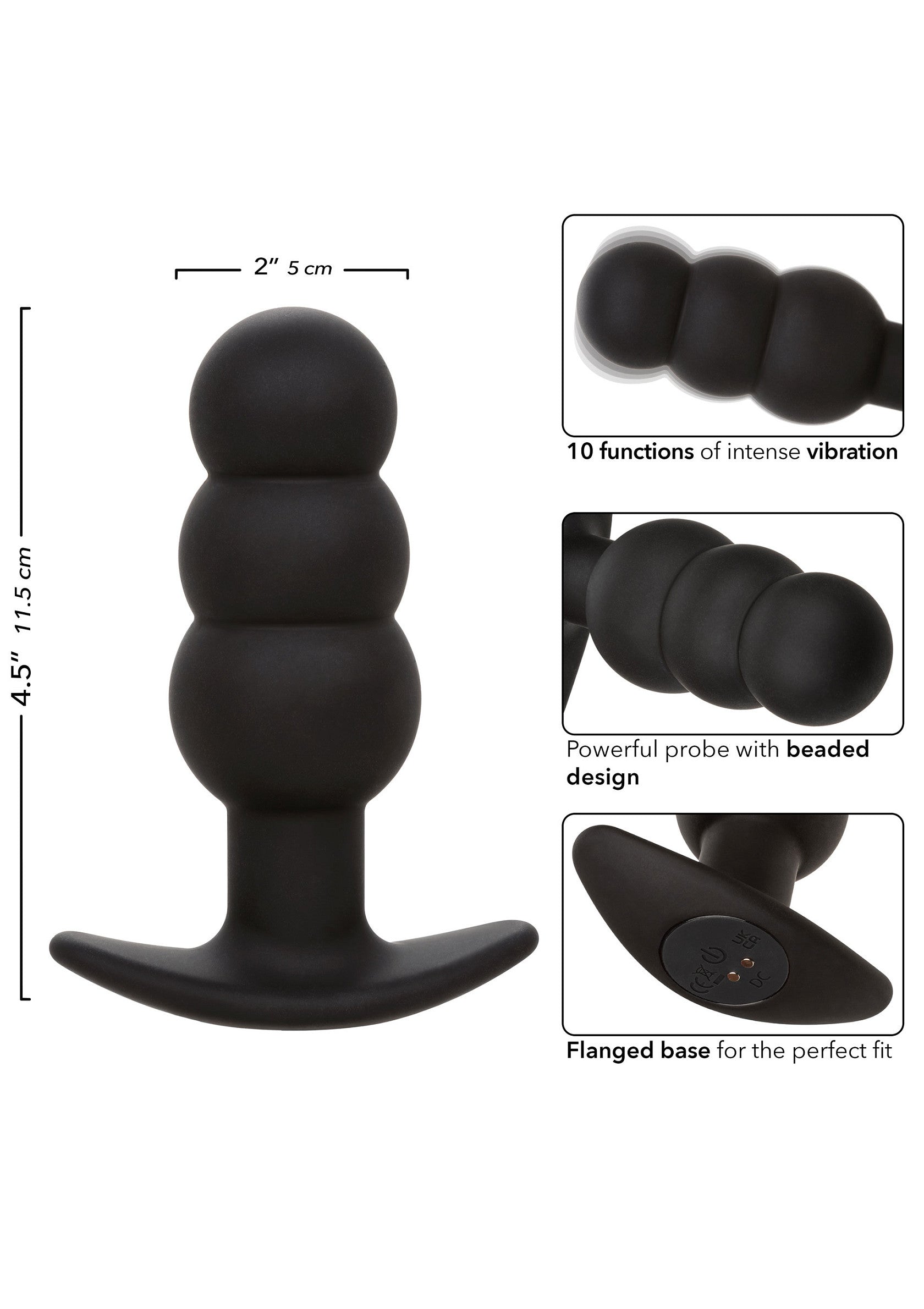 Plug anal noir avec 10 modes de vibration. Base évasée pour un maintien parfait. Sonde puissante à billes.; Zwarte anale plug met 10 vibratiestanden. Uitlopende basis voor een perfecte pasvorm. Krachtige sonde met kralen design.; Black anal plug with 10 vibration modes. Flared base for a perfect fit. Powerful beaded probe design.