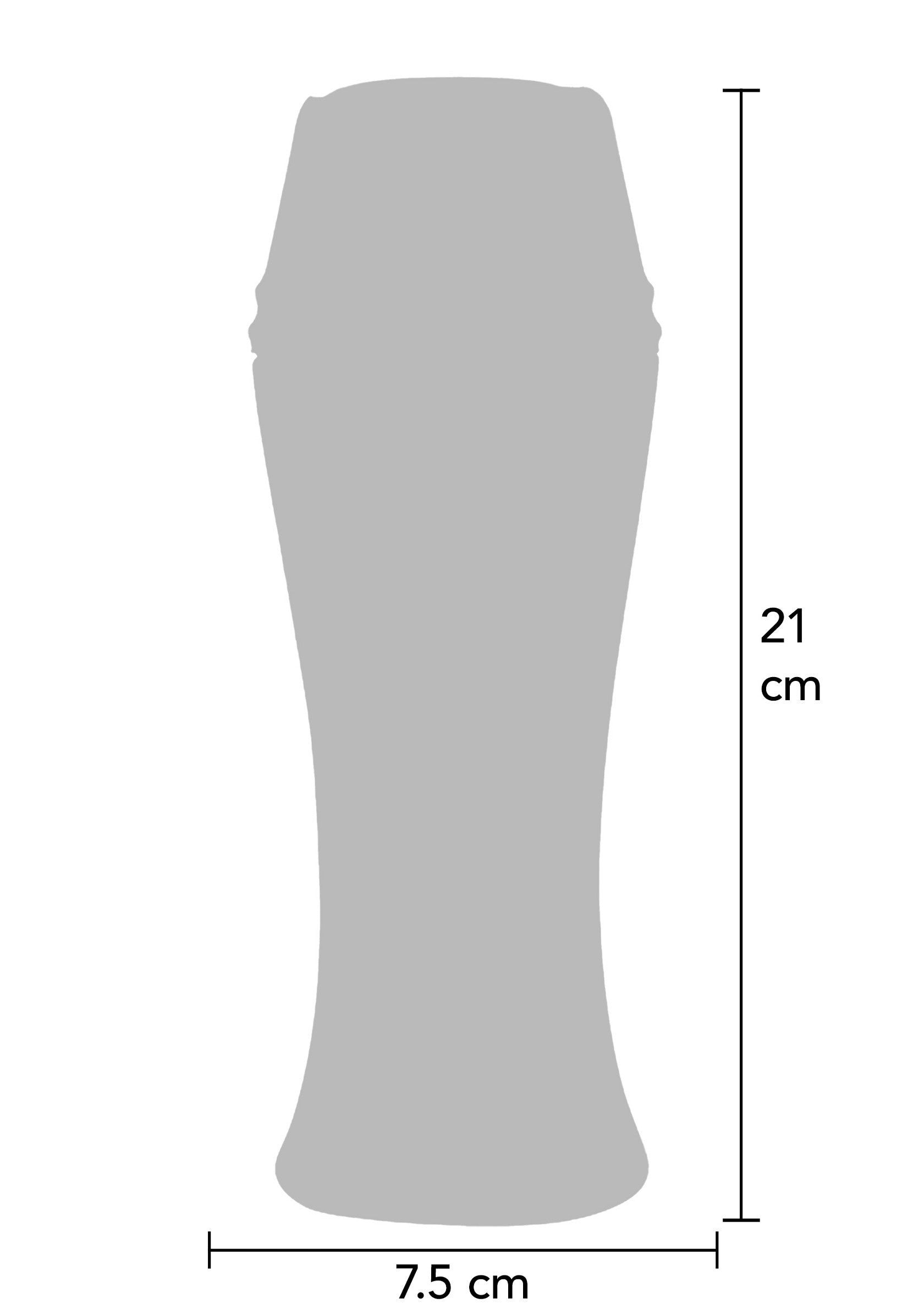 Dimensions précises d'un verre à bière de 21 cm de hauteur et 7,5 cm de largeur.; Nauwkeurige afmetingen van een bierglas, 21 cm hoog en 7,5 cm breed.; Precise dimensions of a beer glass, 21 cm high and 7.5 cm wide.