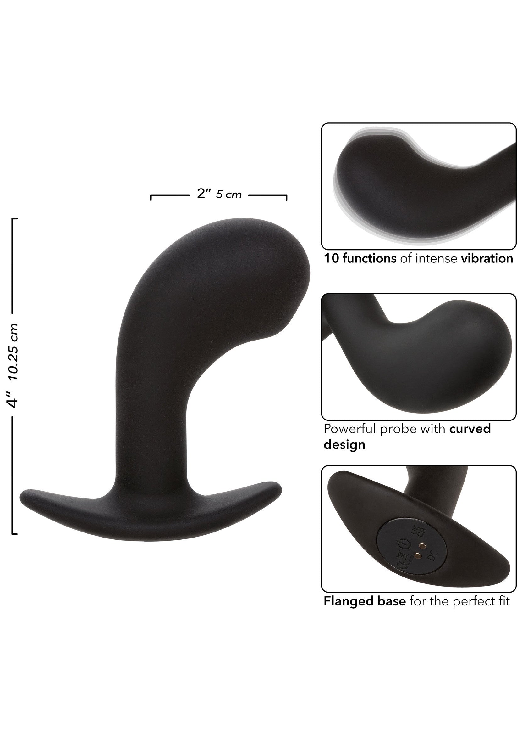 Plug anal noir avec 10 modes de vibration. Forme ergonomique, base évasée pour un maintien sûr.; Zwarte anale plug met 10 vibratiestanden. Ergonomische vorm, uitlopende basis voor een veilige pasvorm.; Black anal plug with 10 vibration modes. Ergonomic shape, flared base for a secure fit.