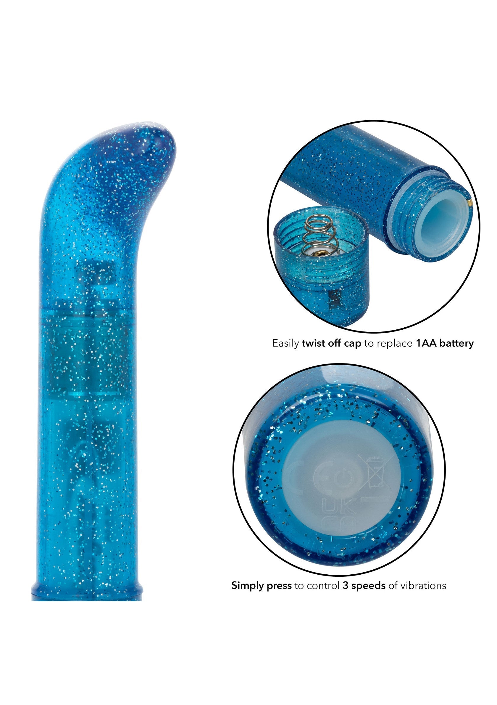 Masseur vibrant bleu à paillettes pour le plaisir personnel. Alimenté par pile AA.; Glitter blauwe vibrator voor persoonlijk plezier. Werkt op een AA-batterij.; Glitter blue vibrator for personal pleasure. Runs on an AA battery.