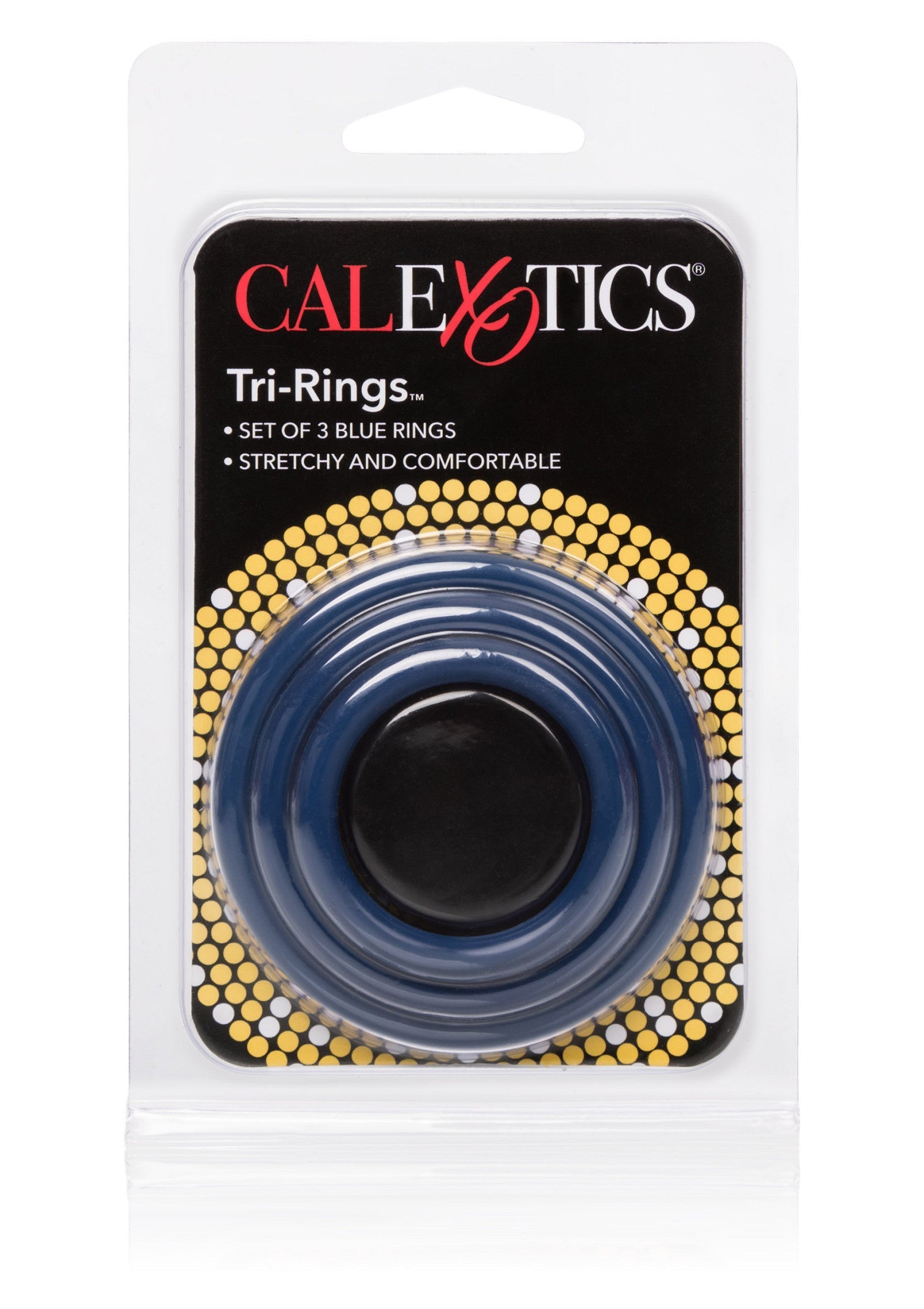 Anneaux péniens CalExotics Tri-Rings bleus : lot de 3 anneaux extensibles et confortables pour le plaisir sexuel. ; CalExotics Tri-Rings penisringen blauw: set van 3 rekbare, comfortabele ringen voor seksueel genot.; CalExotics Tri-Rings blue cock rings: set of 3 stretchy, comfortable rings for sexual pleasure.