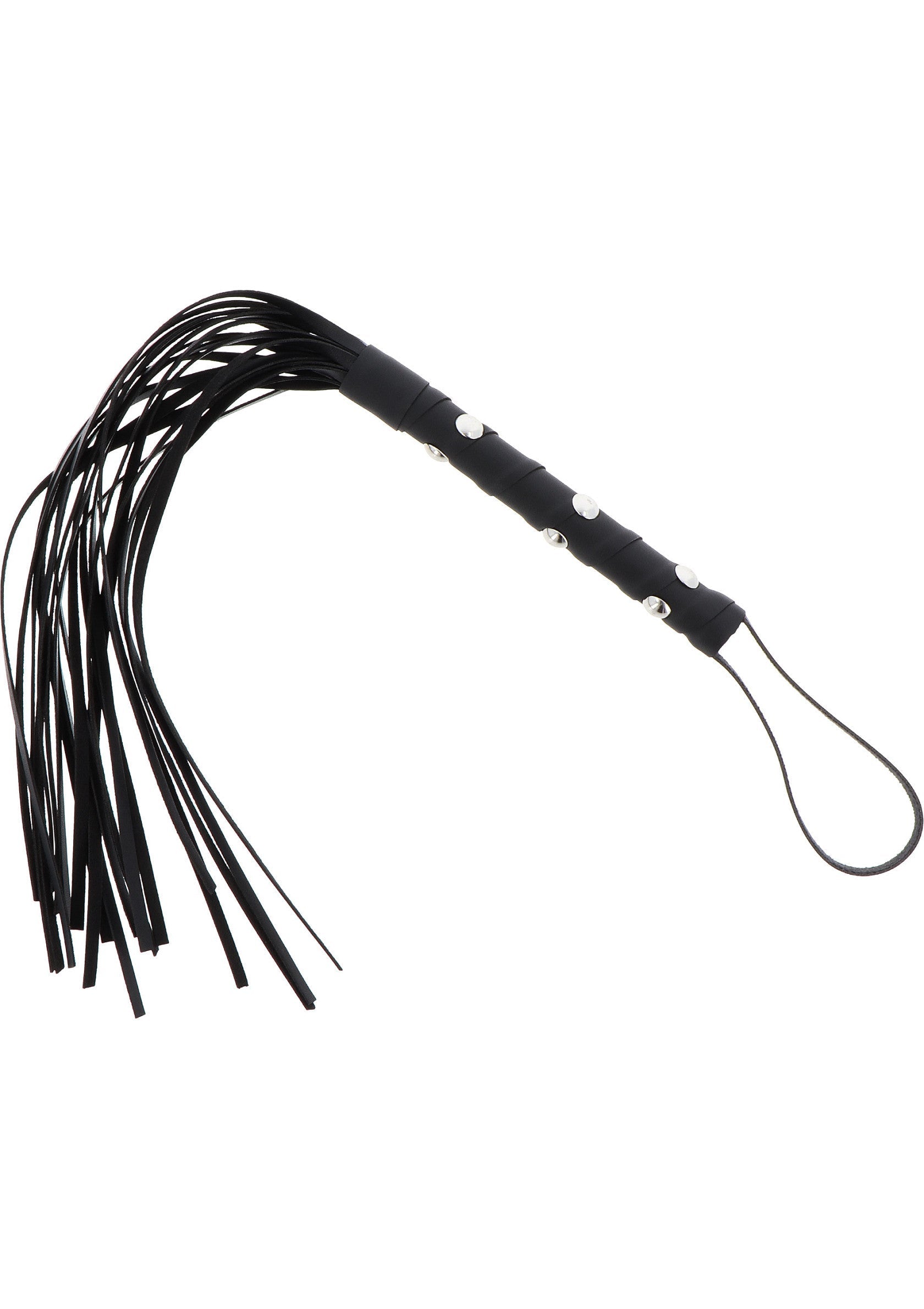 Cravache noire cloutée pour jeux coquins. Explorez le plaisir et la domination avec cet accessoire séduisant.; Zwarte, noppenflogger voor speelse spelletjes. Verken plezier en dominantie met dit verleidelijke accessoire.; Black studded flogger for playful games. Explore pleasure and dominance with this seductive accessory.