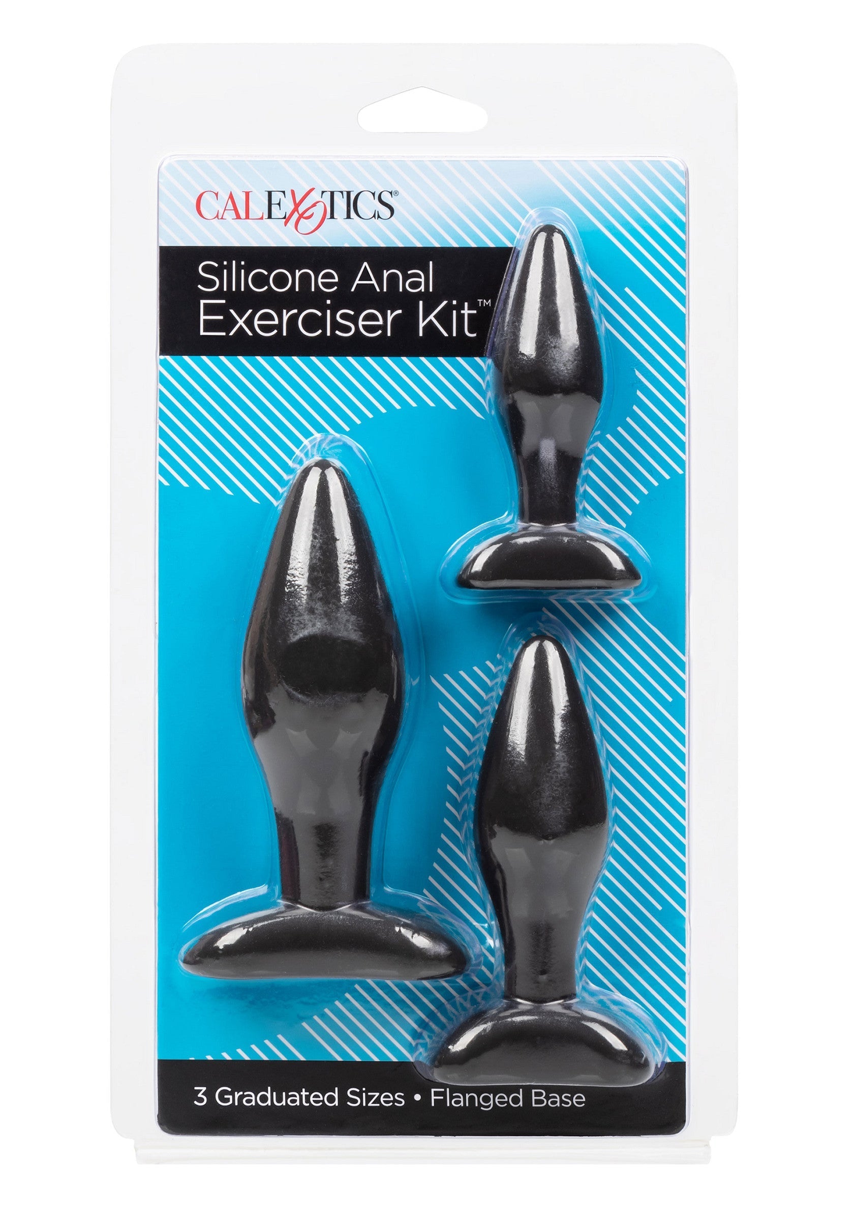 Kit d'entraînement anal en silicone CalExotics, 3 tailles graduées. Parfait pour le plaisir progressif.; CalExotics Silicone Anale Trainer Kit, 3 oplopende maten. Perfect voor geleidelijk genot.; CalExotics Silicone Anal Exerciser Kit, 3 Graduated Sizes. Perfect for gradual pleasure.