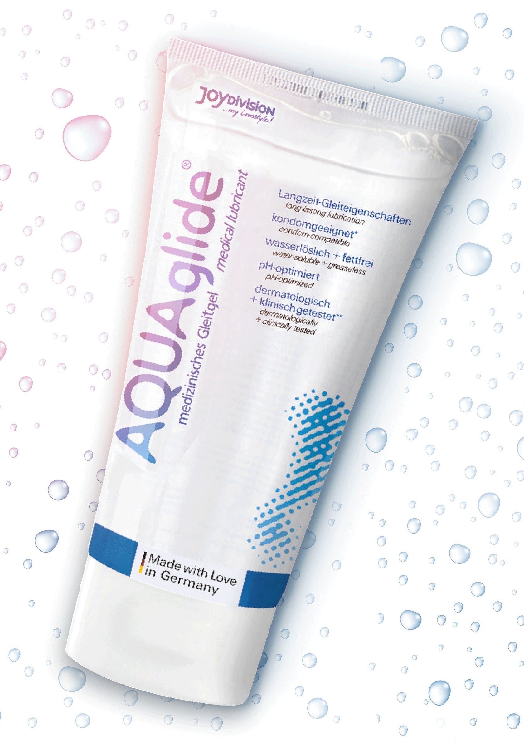 Lubrifiant médical AquaGlide longue durée pour des moments intimes en douceur. Compatible avec les préservatifs. Fabriqué en Allemagne.; AquaGlide medische glijmiddel voor langdurig plezier. Compatibel met condooms. Wateroplosbaar en vetvrij. Gemaakt in Duitsland.; AquaGlide medical lubricant for long-lasting pleasure. Condom compatible, water-soluble & grease-free. Made with love in Germany.