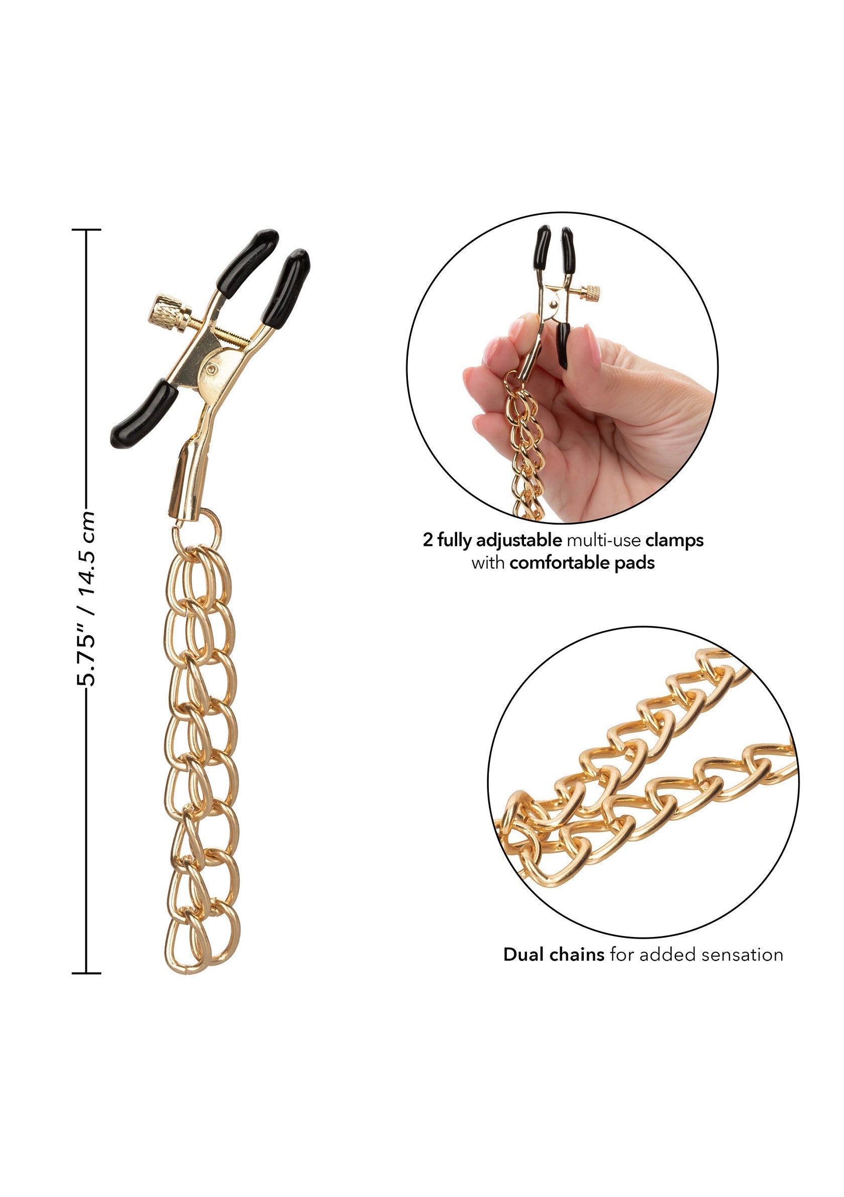 Pinces de sein dorées avec chaîne, ajustables et confortables. Pour une sensation accrue et un jeu plus intense.; Gouden tepelklemmen met ketting, verstelbaar en comfortabel. Voor extra sensatie en intens spel.; Gold nipple clamps with chain, adjustable & comfortable. For added sensation & intense play. Perfect for beginners.