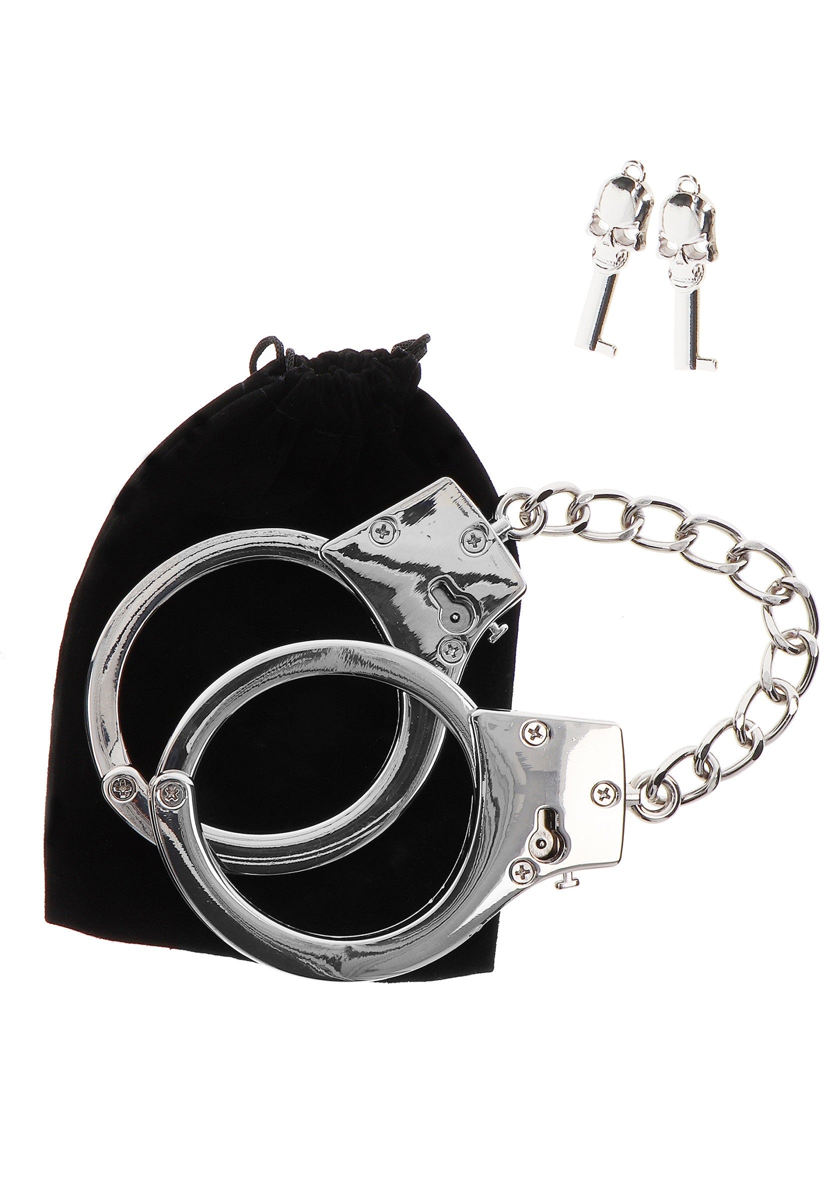 Menottes en métal chromé avec sac de rangement et clés pour jeux coquins.; Verchroomde metalen handboeien met opbergzak en sleutels voor spannende spelletjes.; Chrome metal handcuffs with storage bag and keys for kinky games.