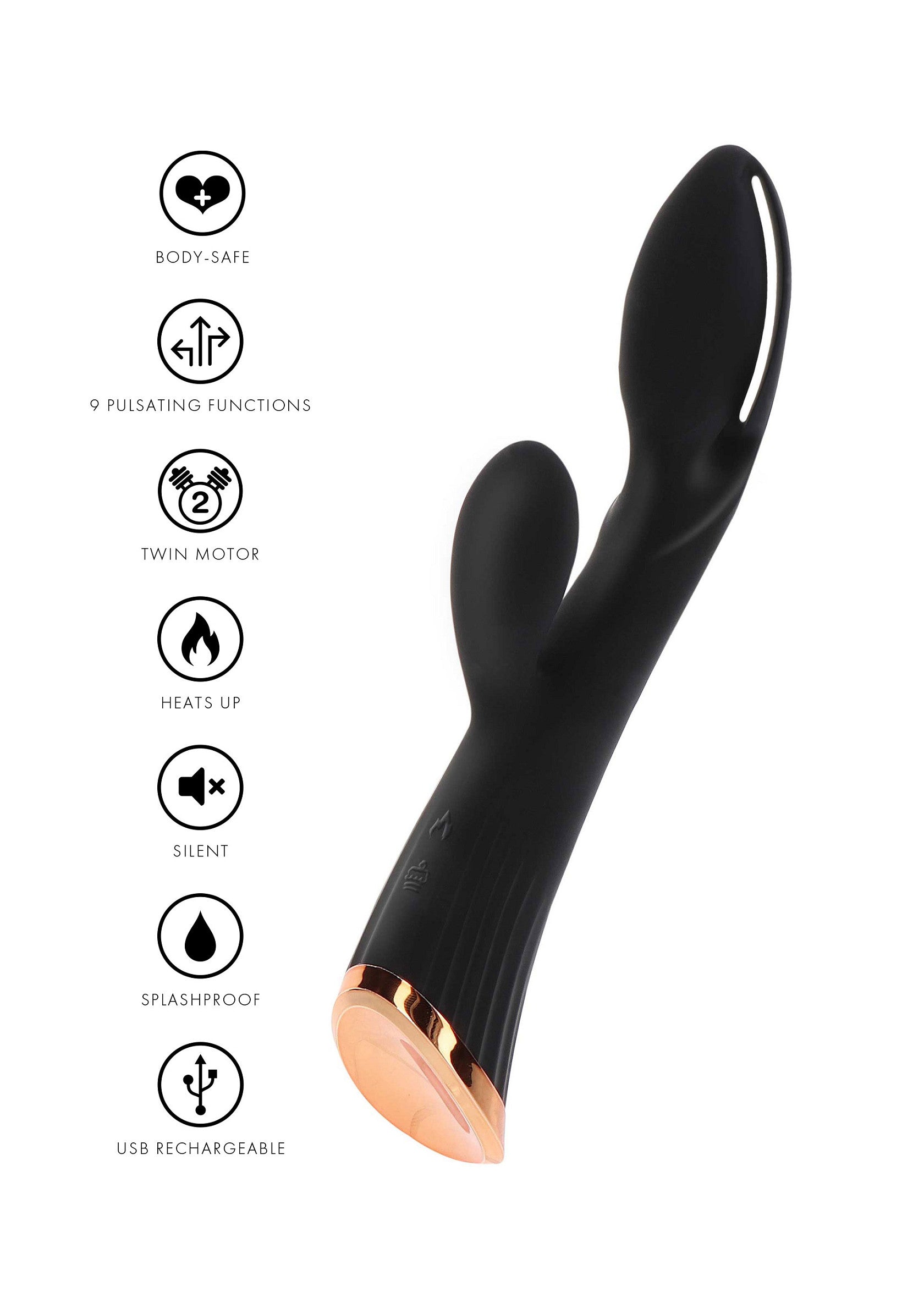 Vibromasseur noir avec double moteur, 9 fonctions, étanche et rechargeable par USB pour des plaisirs intenses.; Zwarte vibrator met dubbele motor, 9 functies, waterdicht en USB-oplaadbaar voor intens genot.; Black vibrator with dual motor, 9 functions, waterproof & USB rechargeable for intense pleasure.