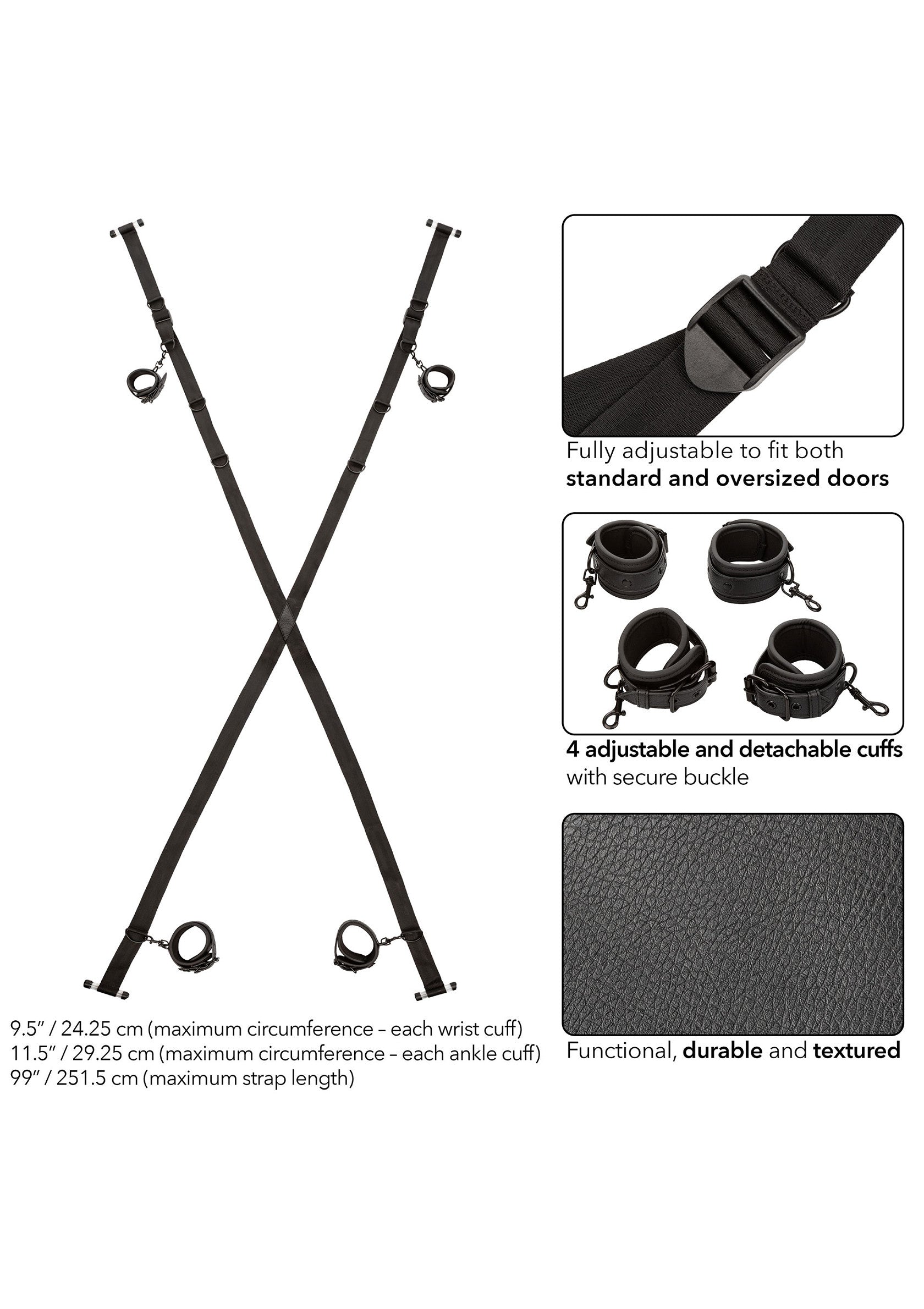 Croix de bondage réglable avec menottes de poignet et de cheville. Durable et fonctionnel pour un jeu intense.; Verstelbaar bondage kruis met hand- en enkelboeien. Duurzaam en functioneel voor intens spel.; Adjustable bondage cross with wrist & ankle cuffs. Durable and functional for intense play.
