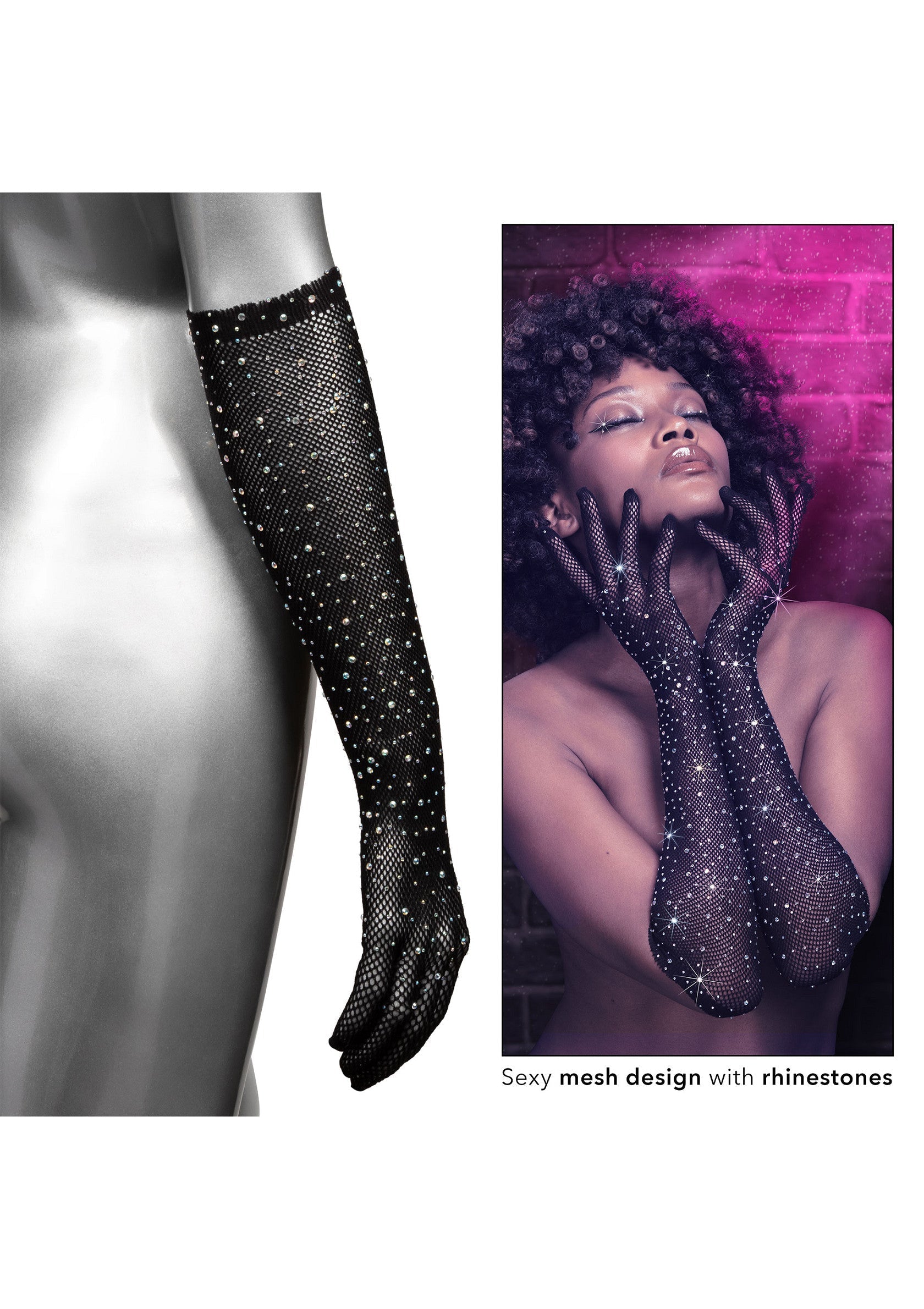 Gants longs en résille noire ornés de strass scintillants pour une touche glamour.; Zwarte lange mesh handschoenen met glinsterende strass steentjes voor een glamoureuze touch.; Black long mesh gloves adorned with sparkling rhinestones for a glamorous touch.