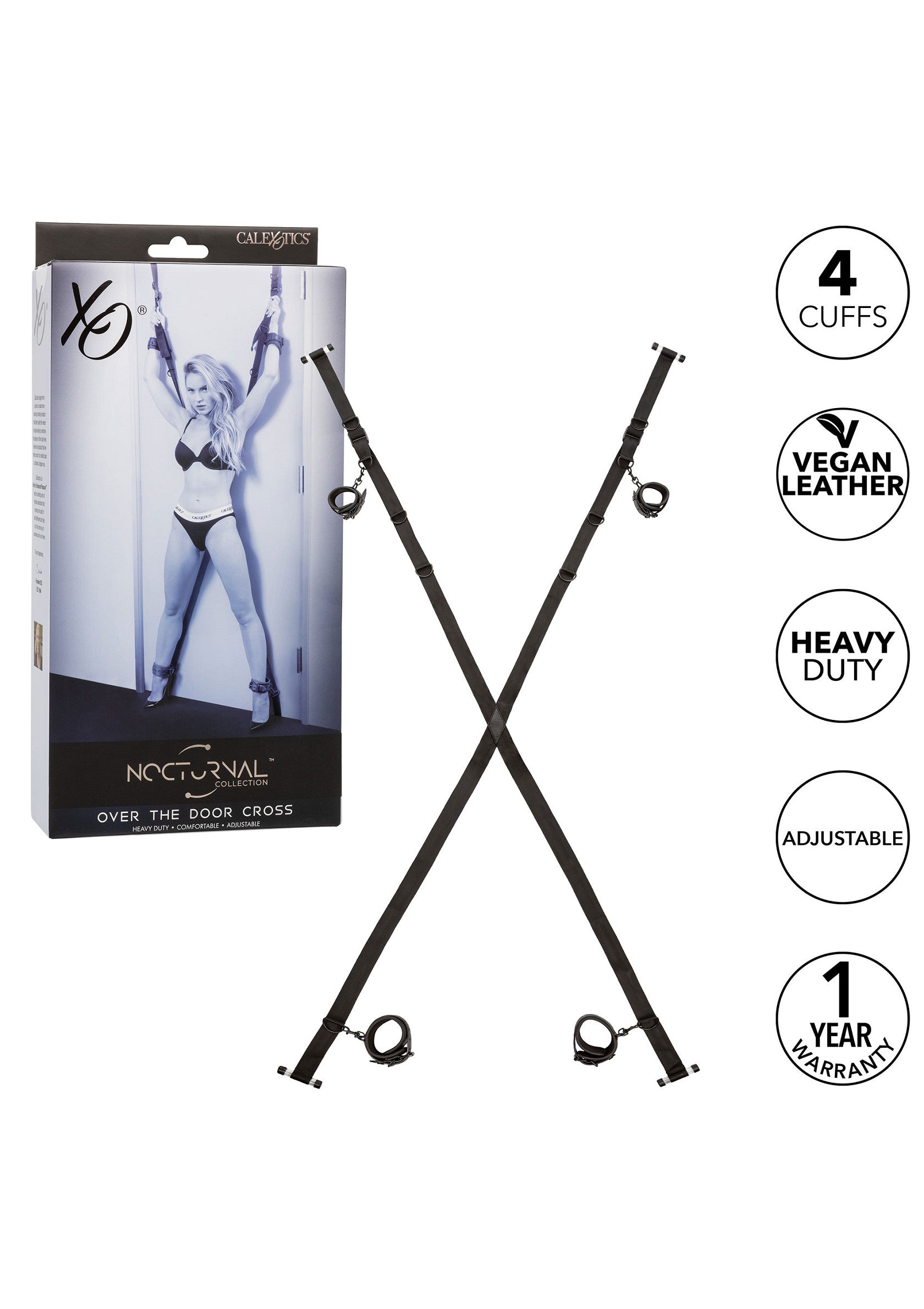 Croix de porte Calexotics Nocturnal Collection. Système de bondage vegan et ajustable, avec 4 manchettes.; Calexotics Nocturnal Collection deurkruis. Vegan, verstelbaar bondage systeem met 4 manchetten.; Calexotics Nocturnal Collection over-the-door cross. Vegan, adjustable bondage system with 4 cuffs.