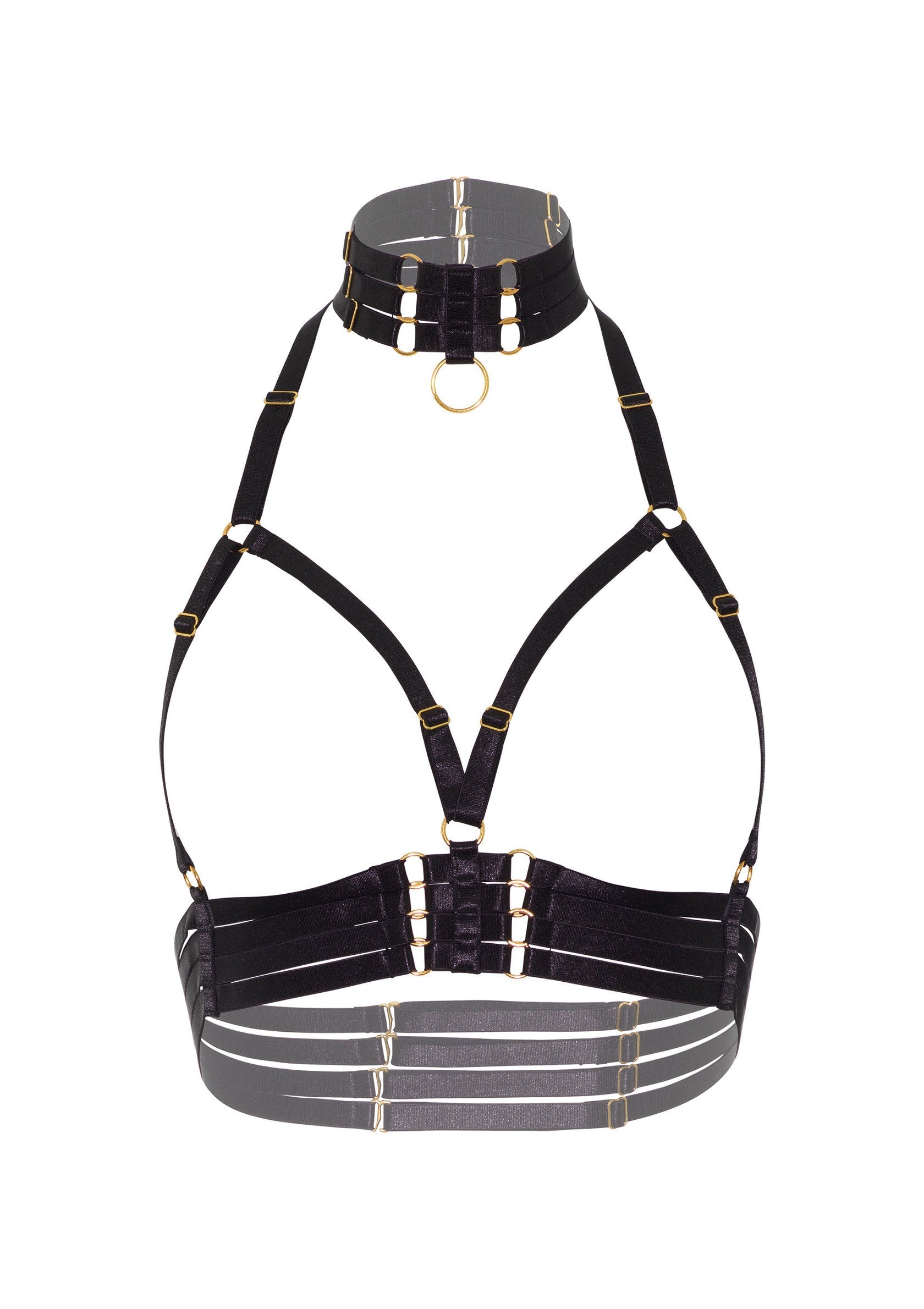 Harnais de lingerie noir avec des détails dorés.; Zwart lingerie harnas met gouden details.; Black lingerie harness with gold details.