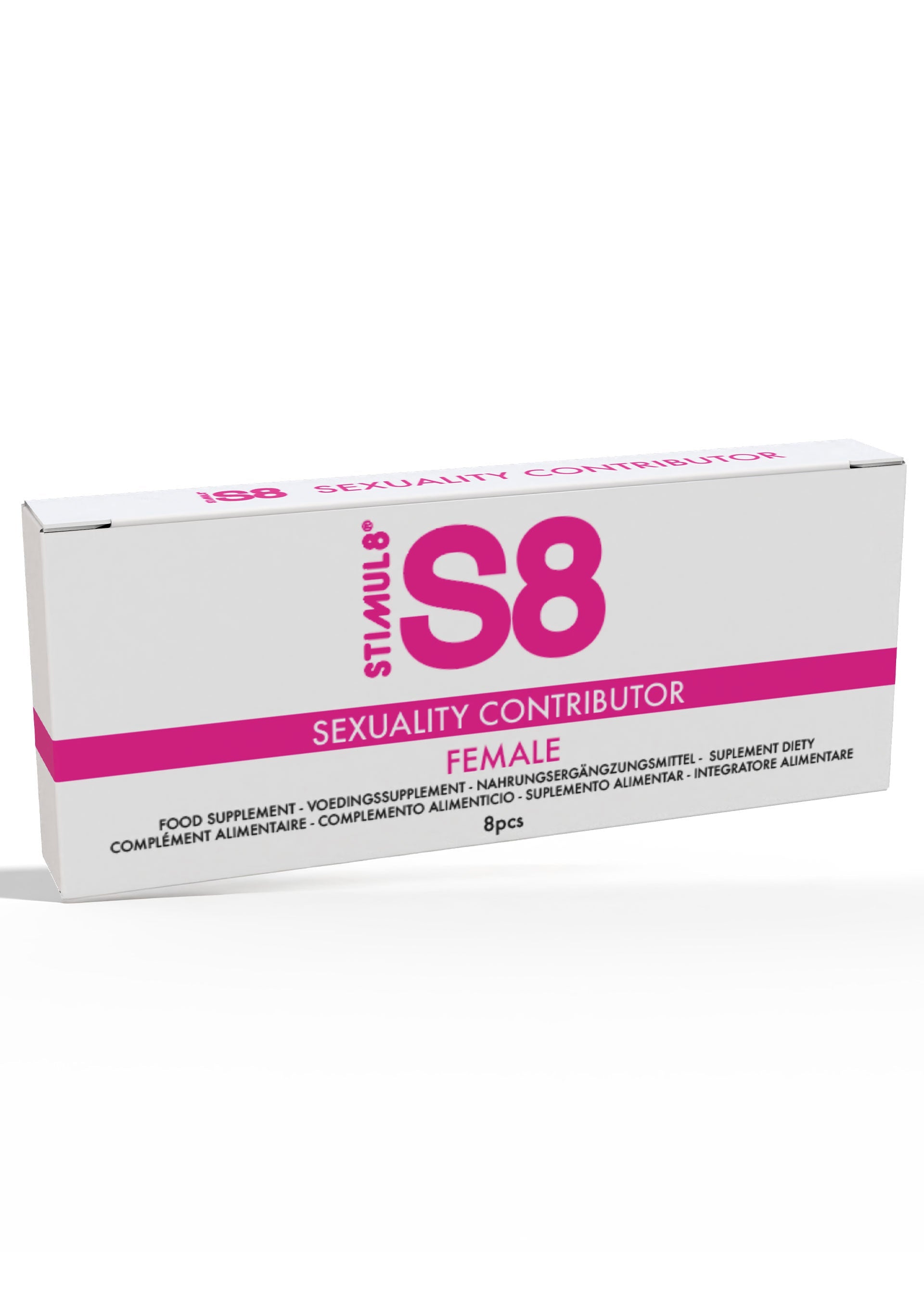 Complément alimentaire féminin Stimul8 S8 pour contribuer à la sexualité, boîte de 8 pièces. ; Stimul8 S8 voedingssupplement voor vrouwen, draagt bij aan de seksualiteit, doos met 8 stuks.; Stimul8 S8 female food supplement to contribute to sexuality, box of 8 pieces.