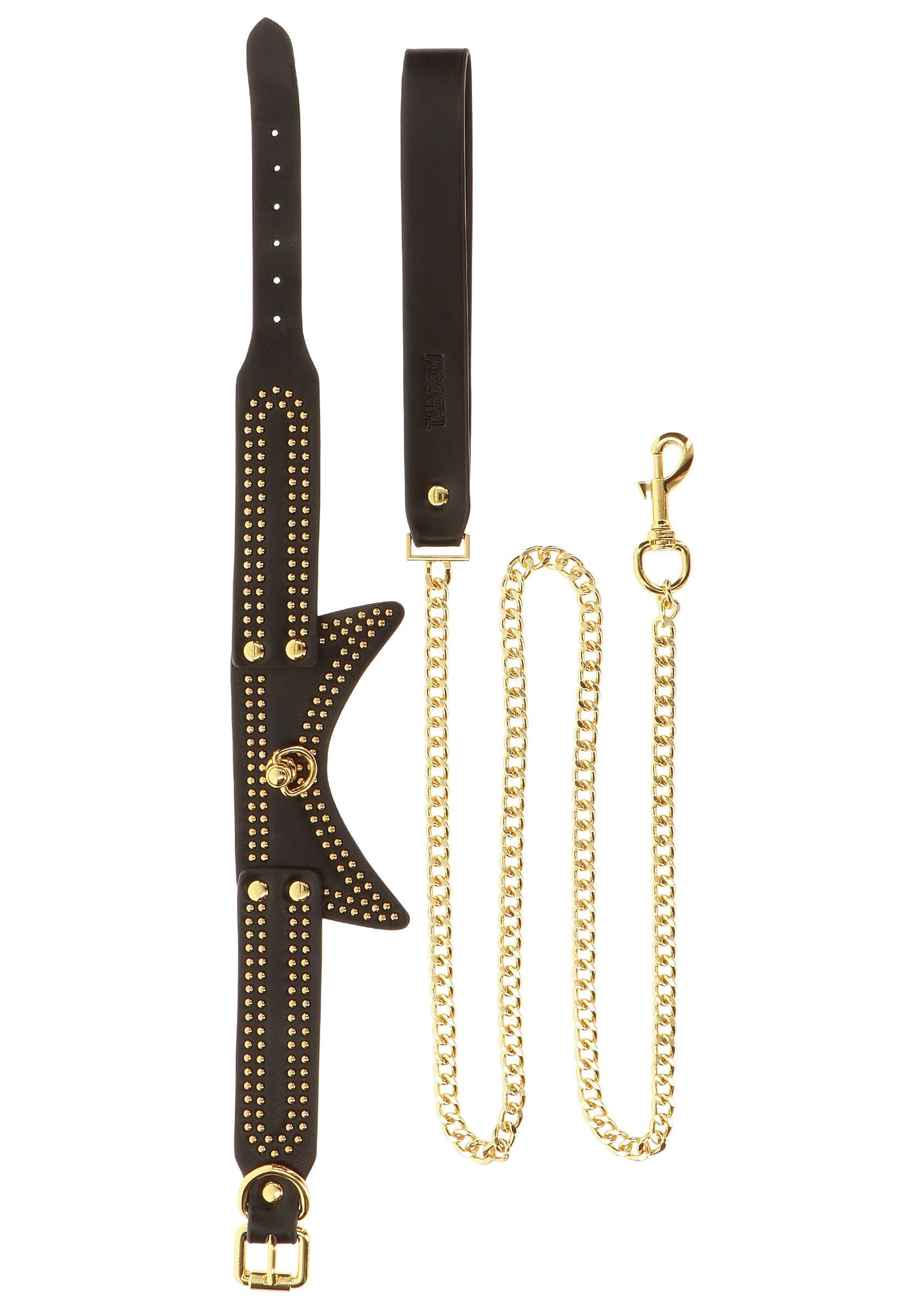 Collier de servitude clouté noir avec chaîne et mousqueton dorés pour jeux de rôle.; Zwarte genopte bondage halsband met gouden ketting en karabijnhaak voor rollenspellen.; Black studded bondage collar with gold chain and lobster clasp for role play.