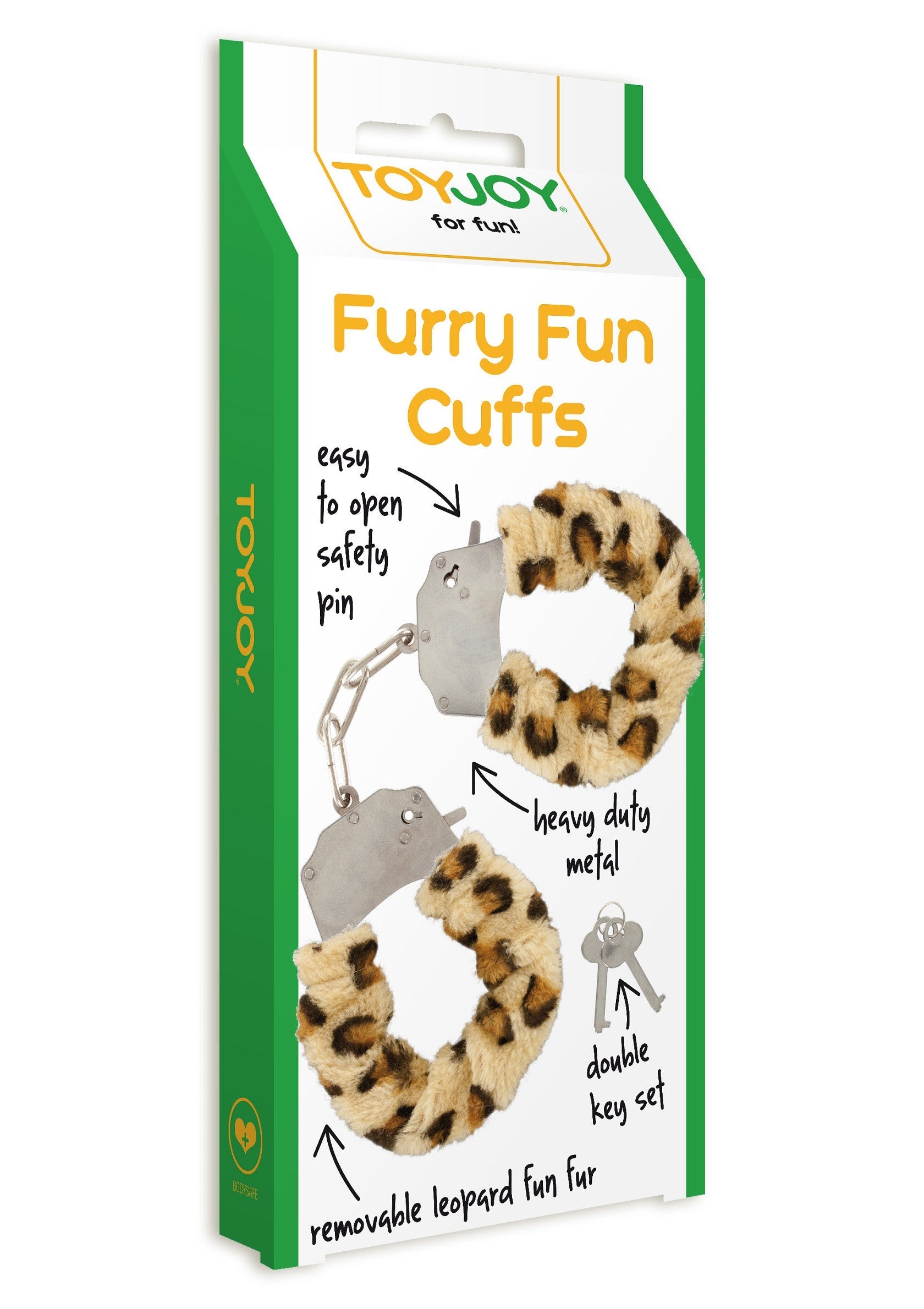 Menottes en fausse fourrure léopard ToyJoy. Accessoire coquin pour adultes, doux et amusant. Inclus clés de sécurité.; ToyJoy Furry Fun Cuffs. Speelse handboeien met luipaardprint. Zacht en comfortabel. Incl. sleutels voor extra veiligheid.; ToyJoy Furry Fun Cuffs. Leopard print fun handcuffs. Soft and playful adult accessory. Includes safety keys.