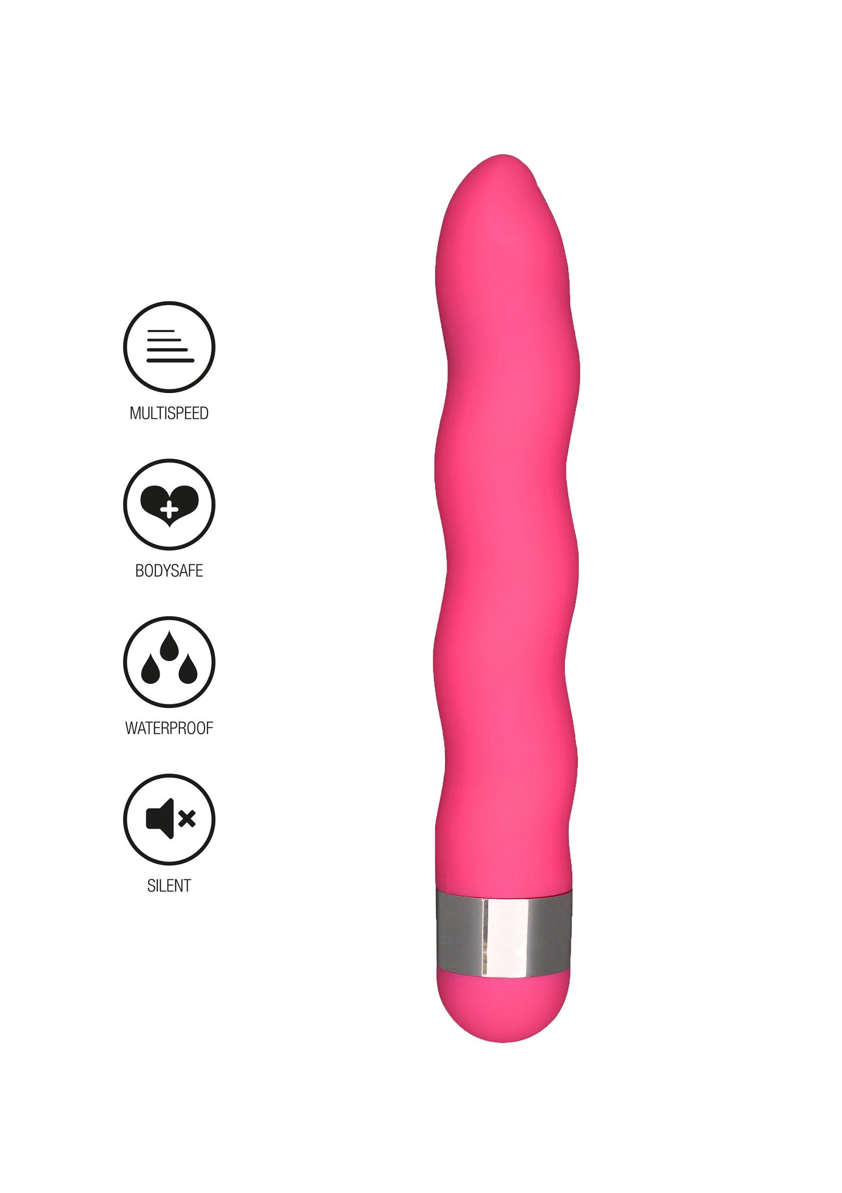 Vibromasseur rose : multi-vitesse, sûr pour le corps, étanche et silencieux. Pour une expérience sensuelle.; Roze vibrator: multi-snelheid, lichaamsveilig, waterdicht en stil. Voor een sensuele ervaring.; Pink vibrator: multi-speed, body-safe, waterproof, and silent. For a sensual experience.