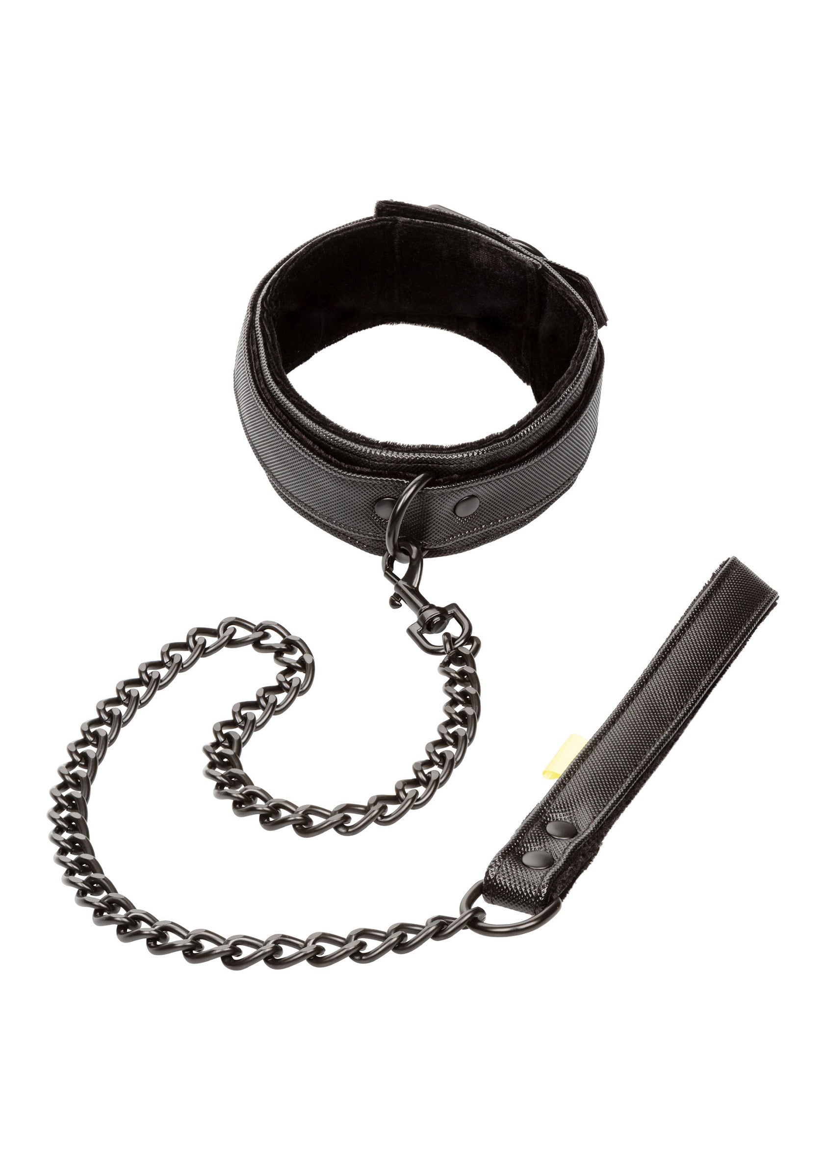 Collier en cuir noir avec chaîne et laisse assortie. Accessoire de soumission élégant pour une expérience unique.; Zwarte leren halsband met ketting en bijpassende riem. Stijlvol onderdanigheidsaccessoire voor een unieke ervaring.; Black leather collar with matching chain and leash. Stylish submission accessory for a unique experience.