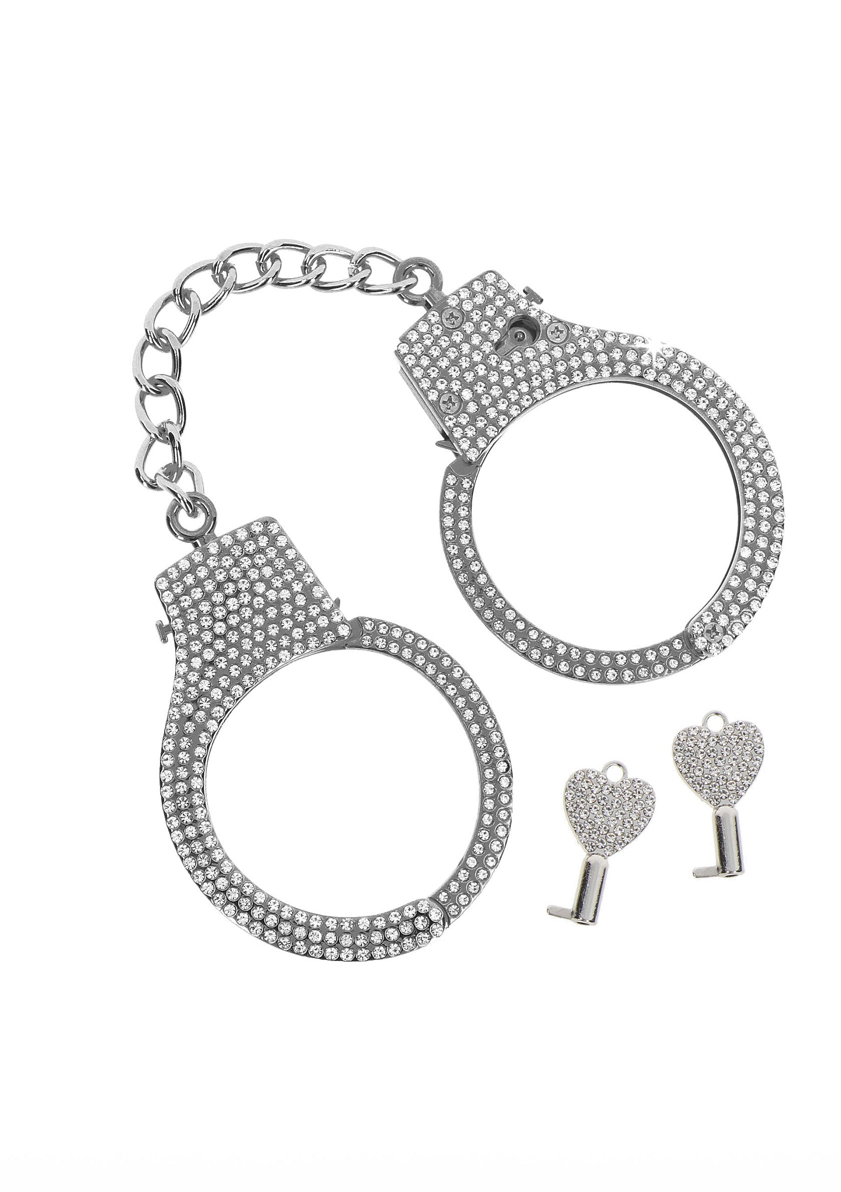 Menottes argentées étincelantes avec clés en forme de cœur, parfaites pour pimenter votre vie amoureuse !; Glitterende zilveren handboeien met hartvormige sleutels, perfect om je liefdesleven wat pit te geven!; Sparkling silver handcuffs with heart-shaped keys, perfect for spicing up your love life!