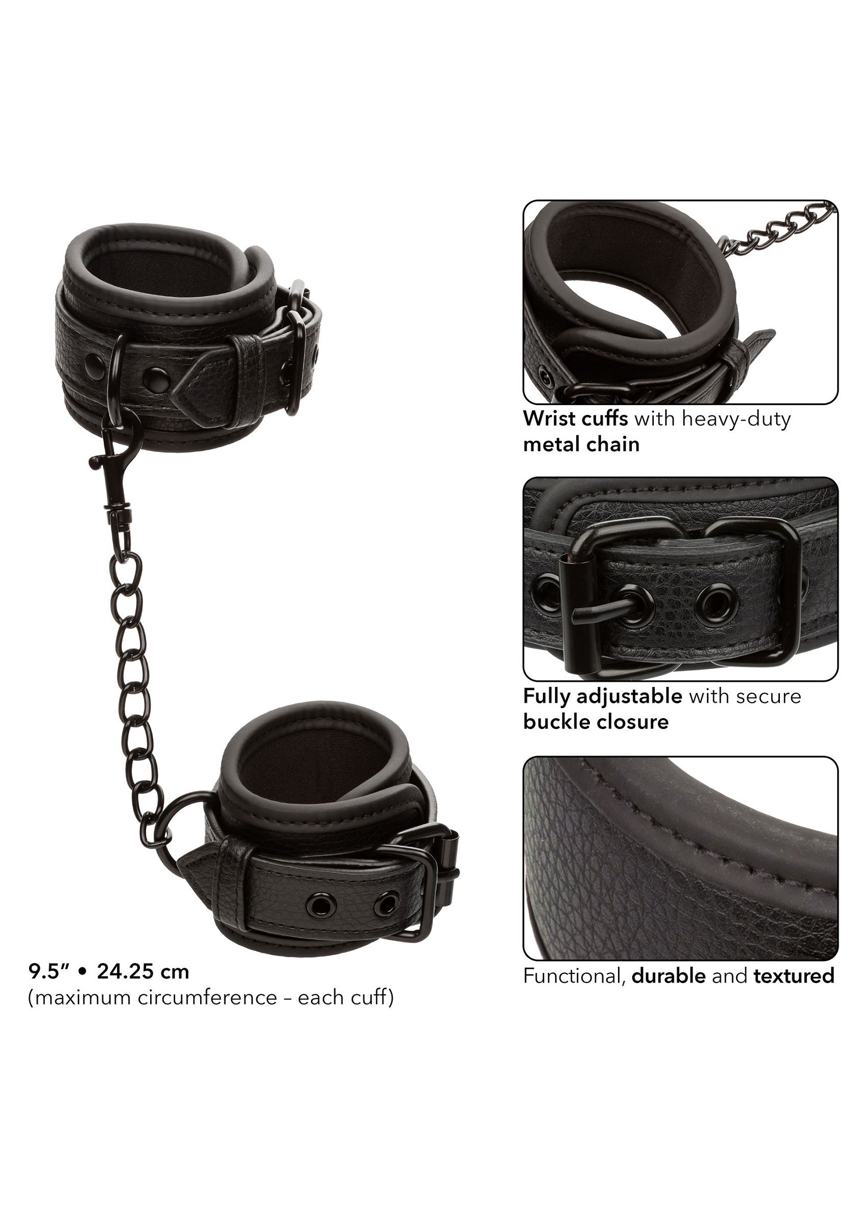 Menottes en cuir noir avec chaîne en métal robuste. Entièrement réglables avec boucle sécurisée.; Zwarte lederen handboeien met zware metalen ketting. Volledig verstelbaar met veilige gespsluiting.; Black leather wrist cuffs with heavy-duty metal chain. Fully adjustable with secure buckle closure.