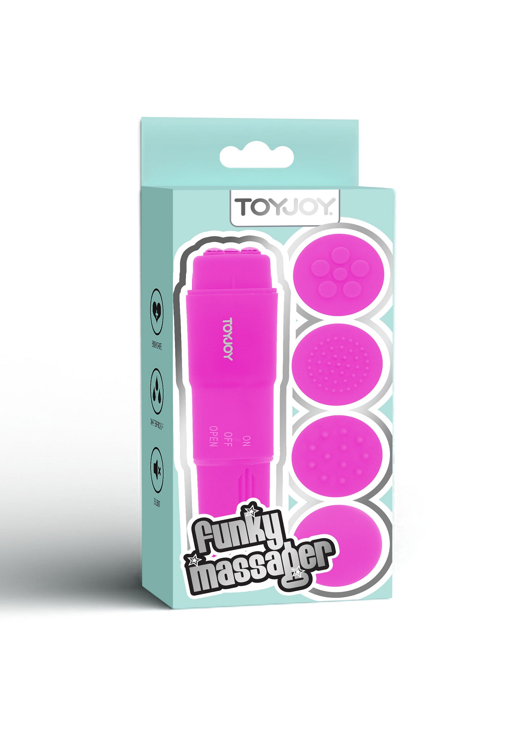 Toyjoy Funky Massager rose pour des massages relaxants. Découvrez les différents embouts pour une expérience unique !; Roze Toyjoy Funky Massager voor ontspannende massages. Ontdek de verschillende opzetstukken voor een unieke ervaring!; Pink Toyjoy Funky Massager for relaxing massages. Discover the different heads for a unique experience!