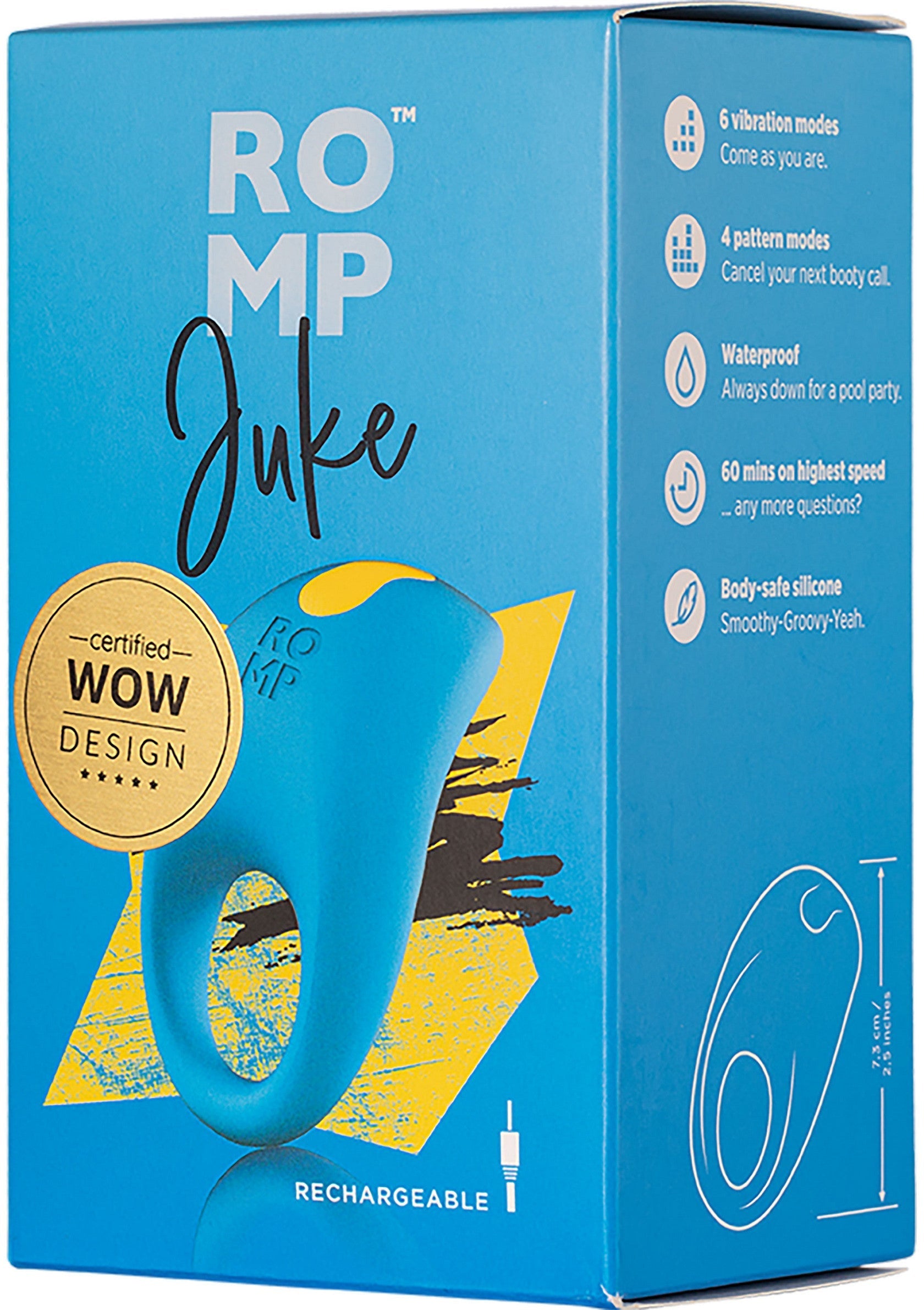 ROMP Juke : vibromasseur rechargeable en silicone, waterproof, avec 6 modes de vibration et 4 motifs. Design certifié WOW.; ROMP Juke: oplaadbare vibrator van siliconen, waterdicht, met 6 vibratiestanden en 4 patronen. WOW-gecertificeerd ontwerp.; ROMP Juke: rechargeable silicone vibrator, waterproof, with 6 vibration modes & 4 patterns. WOW-certified design.