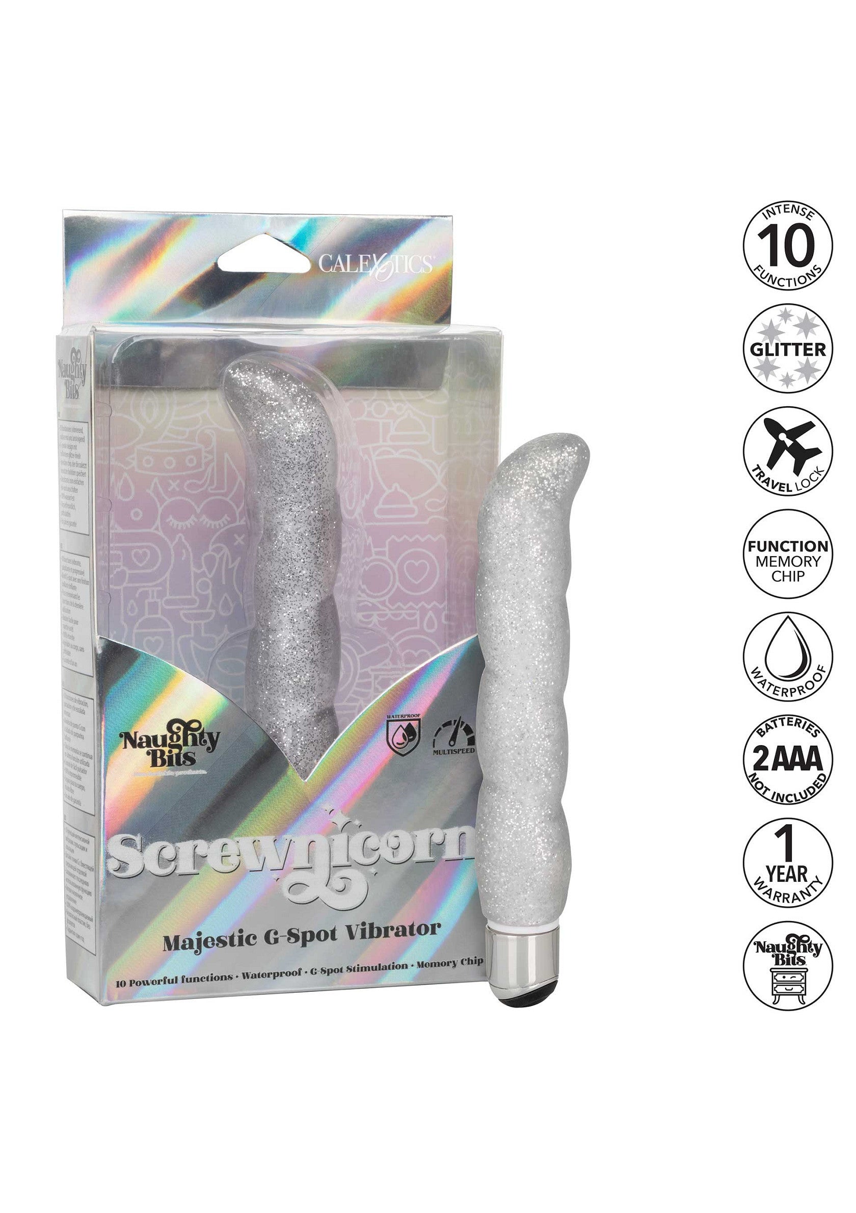 Vibromasseur point G majestueux Screwnicorn, 10 fonctions, paillettes, idéal voyage. Waterproof, garantie 1 an.; Screwnicorn Majestic G-spot vibrator, 10 functies, glitter, reisslot. Waterdicht, 1 jaar garantie.; Screwnicorn Majestic G-spot vibrator, 10 functions, glitter, travel lock. Waterproof, 1 year warranty.