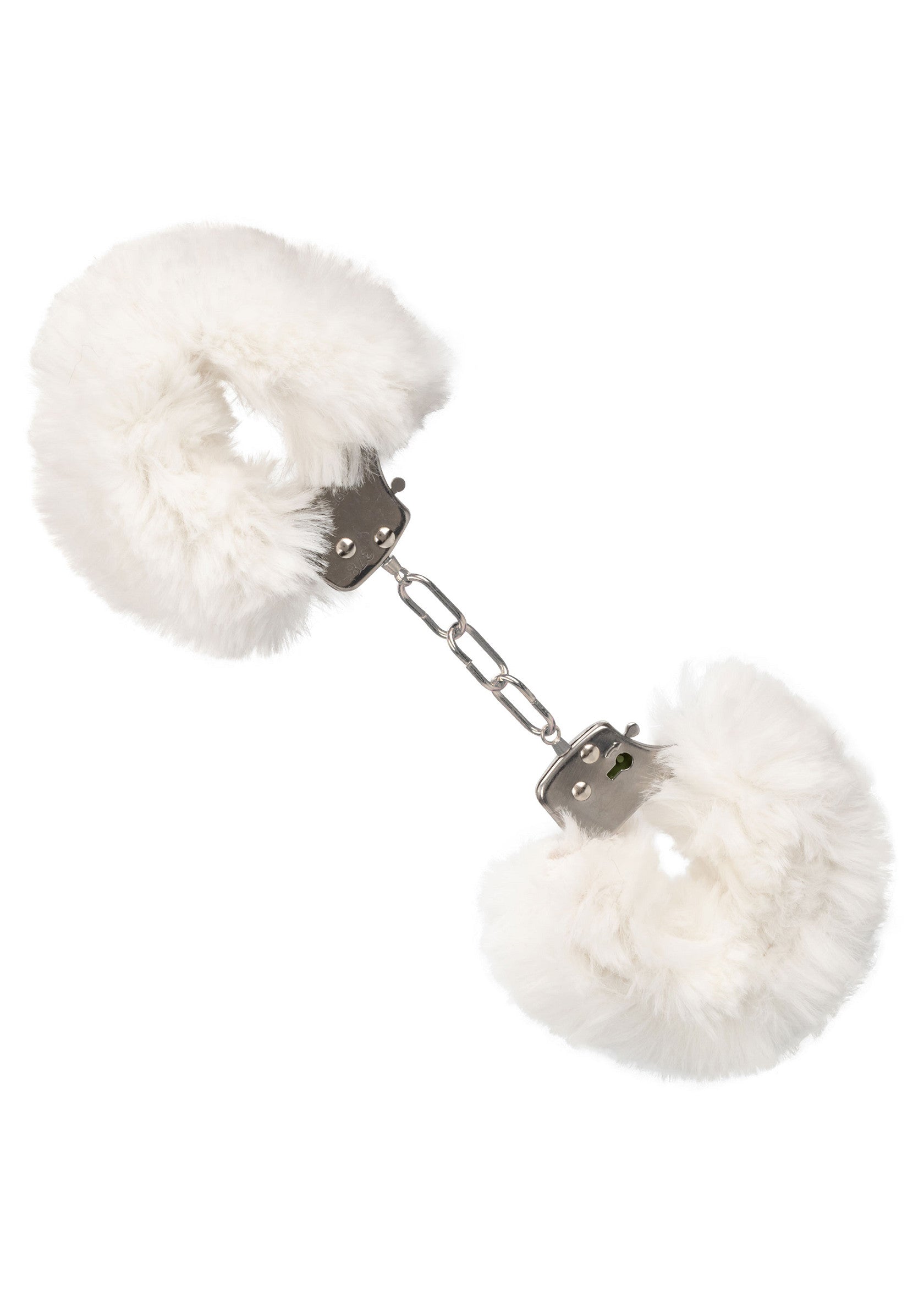 Menottes blanches en fausse fourrure, douces et amusantes pour les jeux coquins.; Witte, zachte pluche handboeien voor speelse en ondeugende momenten.; White faux fur handcuffs, soft and playful for naughty fun.
