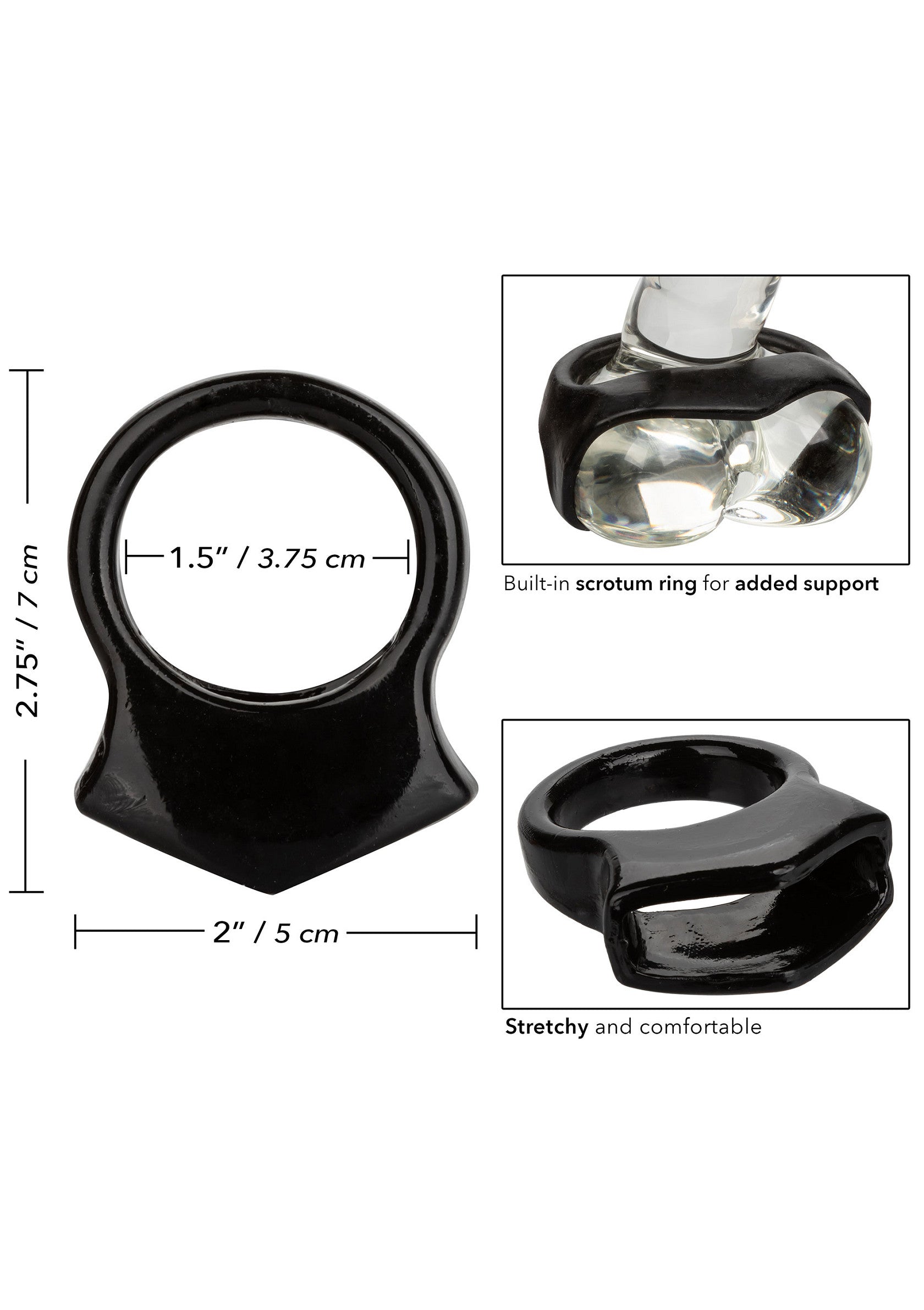 Anneau pénien noir extensible avec support scrotal intégré pour un confort et un maintien accrus.; Rekbare zwarte penisring met ingebouwde scrotumsteun voor extra comfort en ondersteuning.; Stretchy black cock ring with built-in scrotum support for added comfort and support.