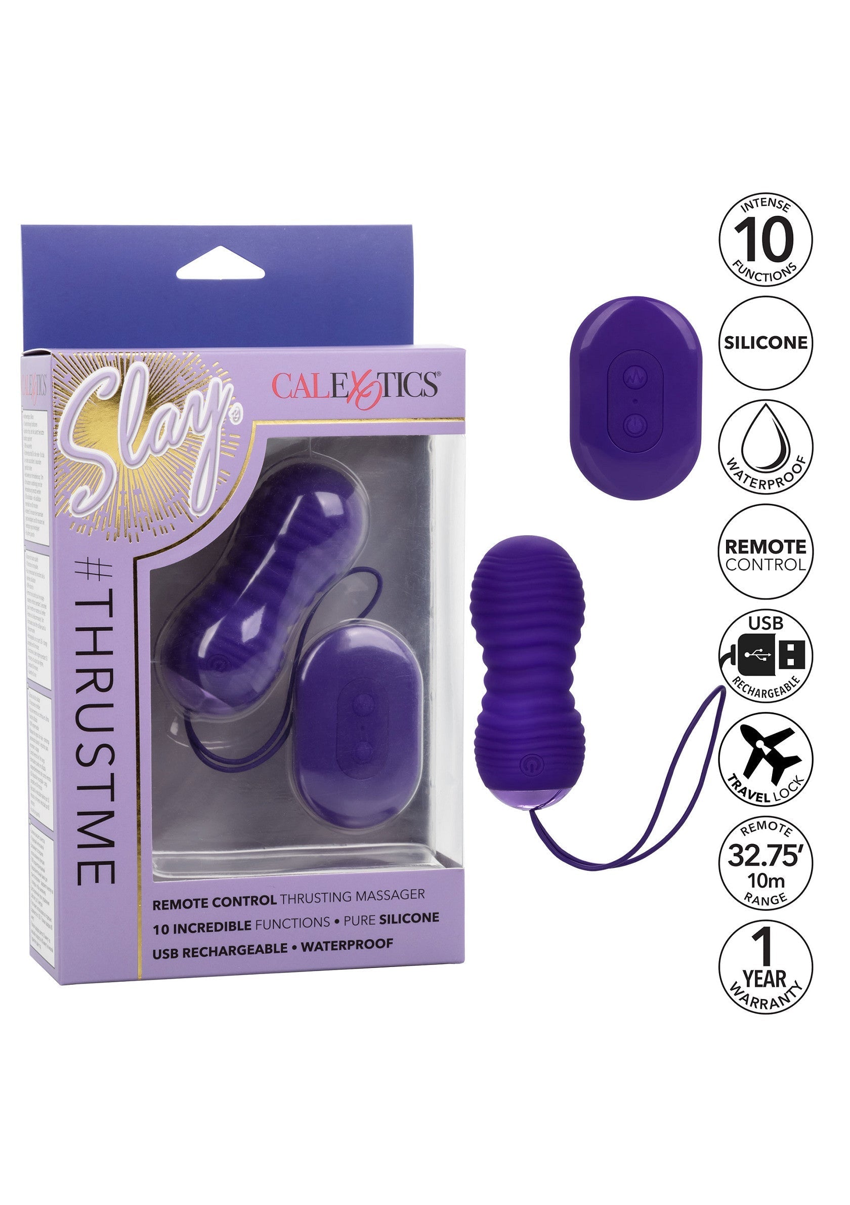 Masseur vibrant violet CalExotics Slay #ThrustMe avec télécommande. 10 fonctions, silicone, rechargeable USB et étanche.; CalExotics Slay #ThrustMe paarse vibrerende stimulator met afstandsbediening. 10 functies, siliconen, USB oplaadbaar & waterdicht.; CalExotics Slay #ThrustMe purple vibrating massager with remote. 10 functions, silicone, USB rechargeable & waterproof.