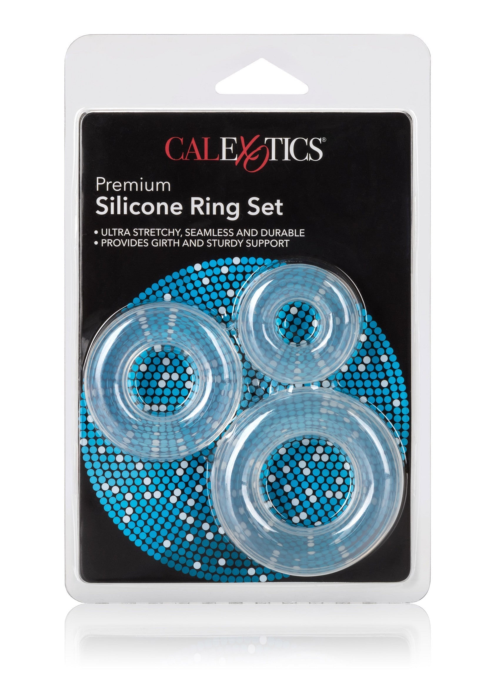 Ensemble d'anneaux en silicone CalExotics Premium. Ultra extensible, sans couture et durable. Fournit circonférence et soutien.; CalExotics Premium Siliconen Ring Set. Ultra rekbaar, naadloos en duurzaam. Biedt omtrek en stevige ondersteuning.; CalExotics Premium Silicone Ring Set. Ultra stretchy, seamless, and durable. Provides girth and sturdy support.
