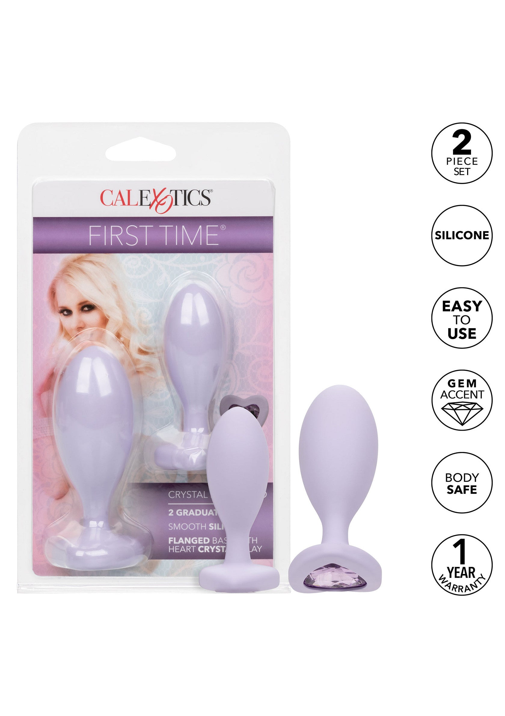 Ensemble de plugs anaux CalExotics First Time, silicone lisse, avec accent de gemme en forme de cœur. Idéal pour débutants.; CalExotics First Time buttplug set, gladde silicone, met hartvormige edelsteenaccent. Ideaal voor beginners.; CalExotics First Time butt plug set, smooth silicone, with heart gem accent. Great for beginners.